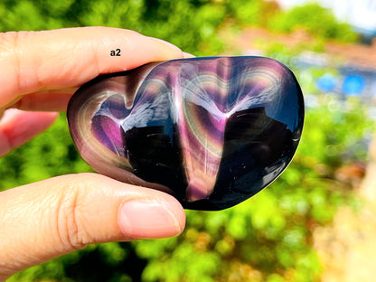 Rainbow Obsidian Double Heart, Handd Carved Mexican Rainbow Obsidian Crystal Double Heart ,Polished Obsidian Heart Stone A