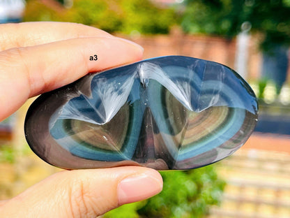 Rainbow Obsidian Double Heart, Handd Carved Mexican Rainbow Obsidian Crystal Double Heart ,Polished Obsidian Heart Stone A