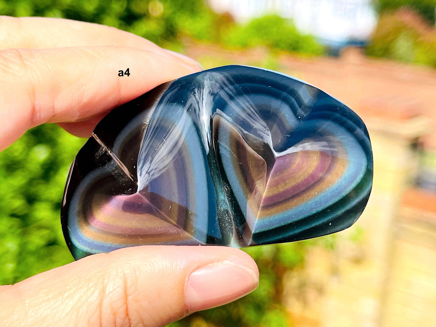 Rainbow Obsidian Double Heart, Handd Carved Mexican Rainbow Obsidian Crystal Double Heart ,Polished Obsidian Heart Stone A