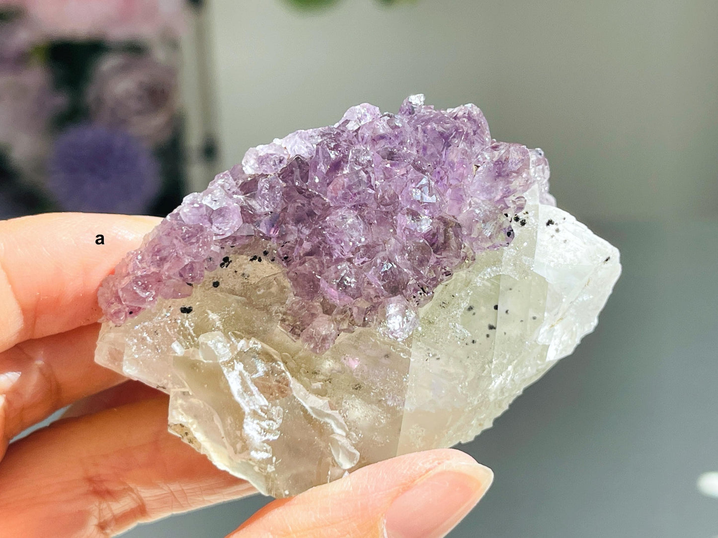 Amethyst with Calcite,  Translucent Amethyst Cluster with Calcite Crystal, Amethyst with Calcite Mineral Specimen, crystal gift