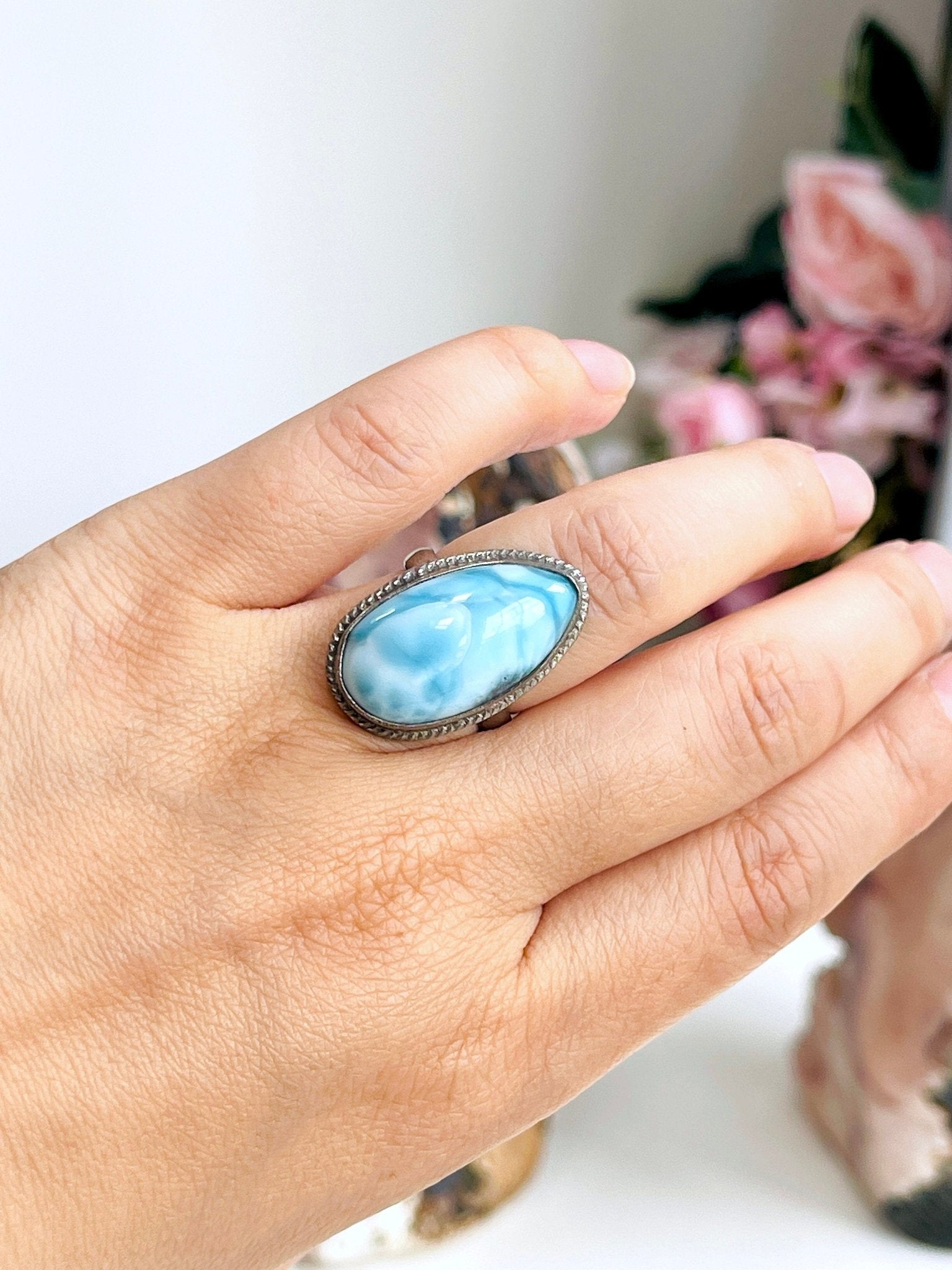 Larimar Ring, Large AAA+ Grade Natural Larimar 925 Silver Ring, High Quality Larimar, Larimar Jewllery DIY, Crystal Gift - Million Years Crystal