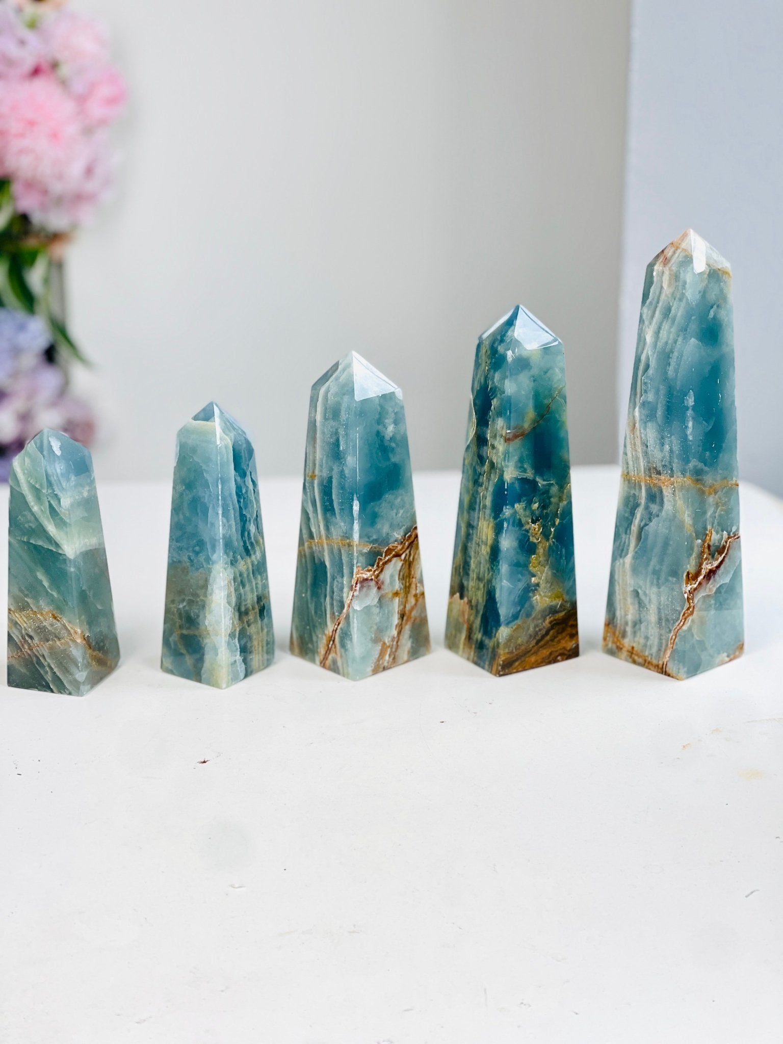Lemurian Aquatine Calcite Tower : Rare Crystal Point, Large Blue Onyx Towers, Healing Stone - Million Years Crystal