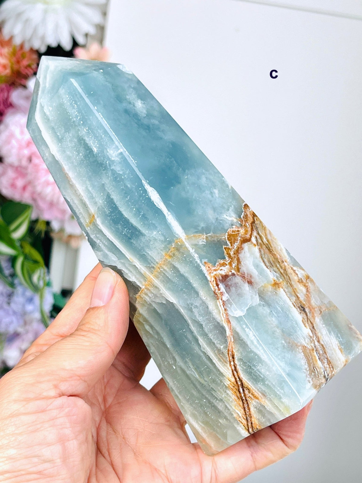 Lemurian Aquatine Calcite Tower : Rare Crystal Point, Large Blue Onyx Towers, Healing Stone - Million Years Crystal