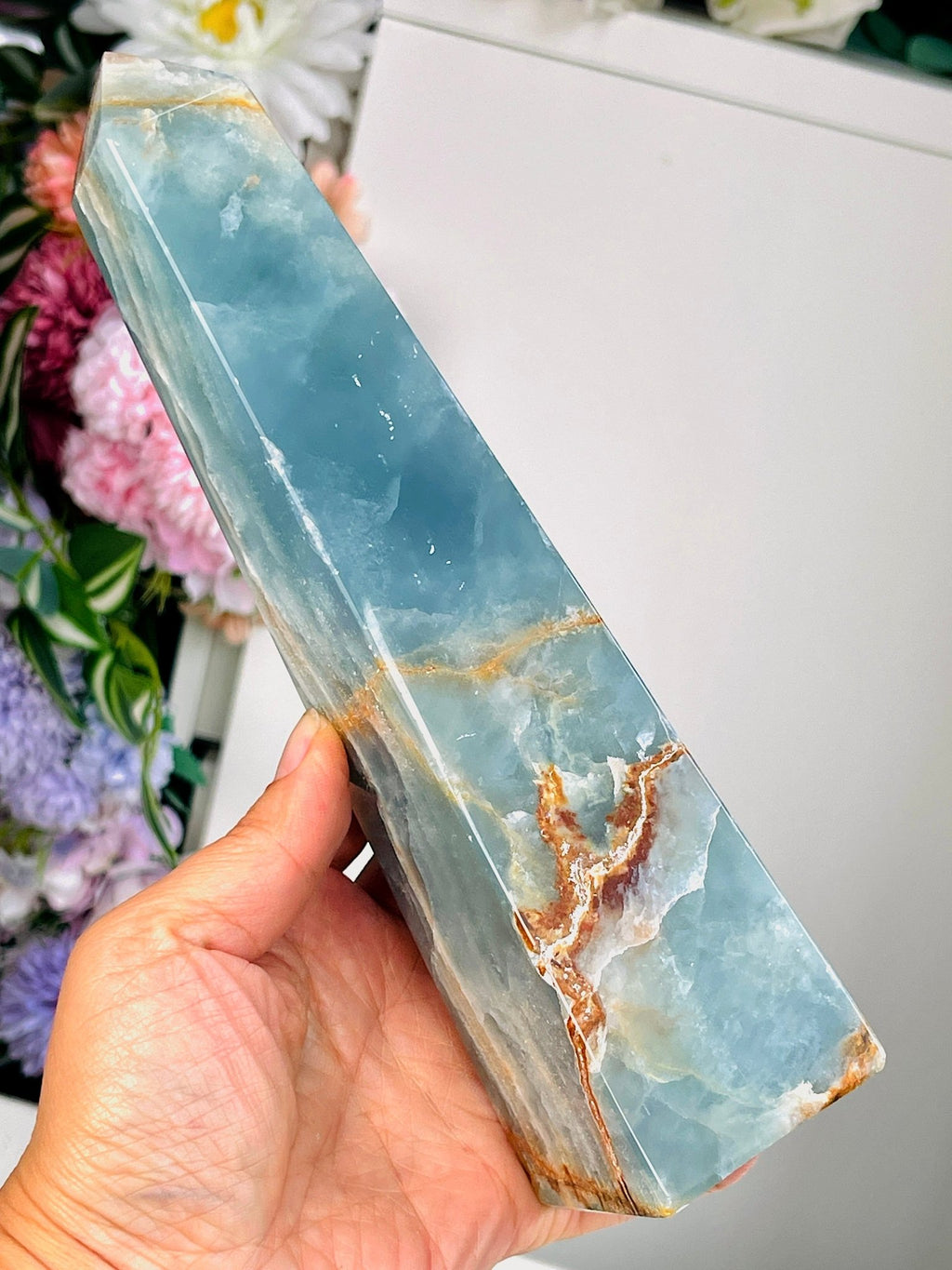 Lemurian Aquatine Calcite Tower : Rare Crystal Point, Large Blue Onyx Towers, Healing Stone - Million Years Crystal