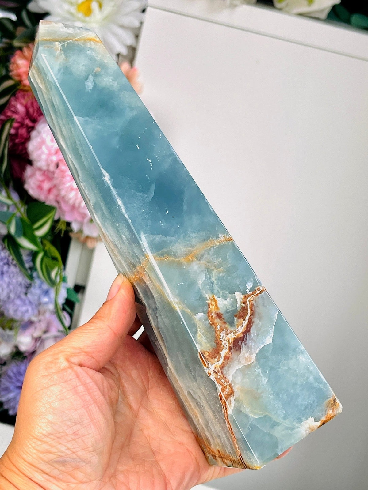 Lemurian Aquatine Calcite Tower : Rare Crystal Point, Large Blue Onyx Towers, Healing Stone - Million Years Crystal