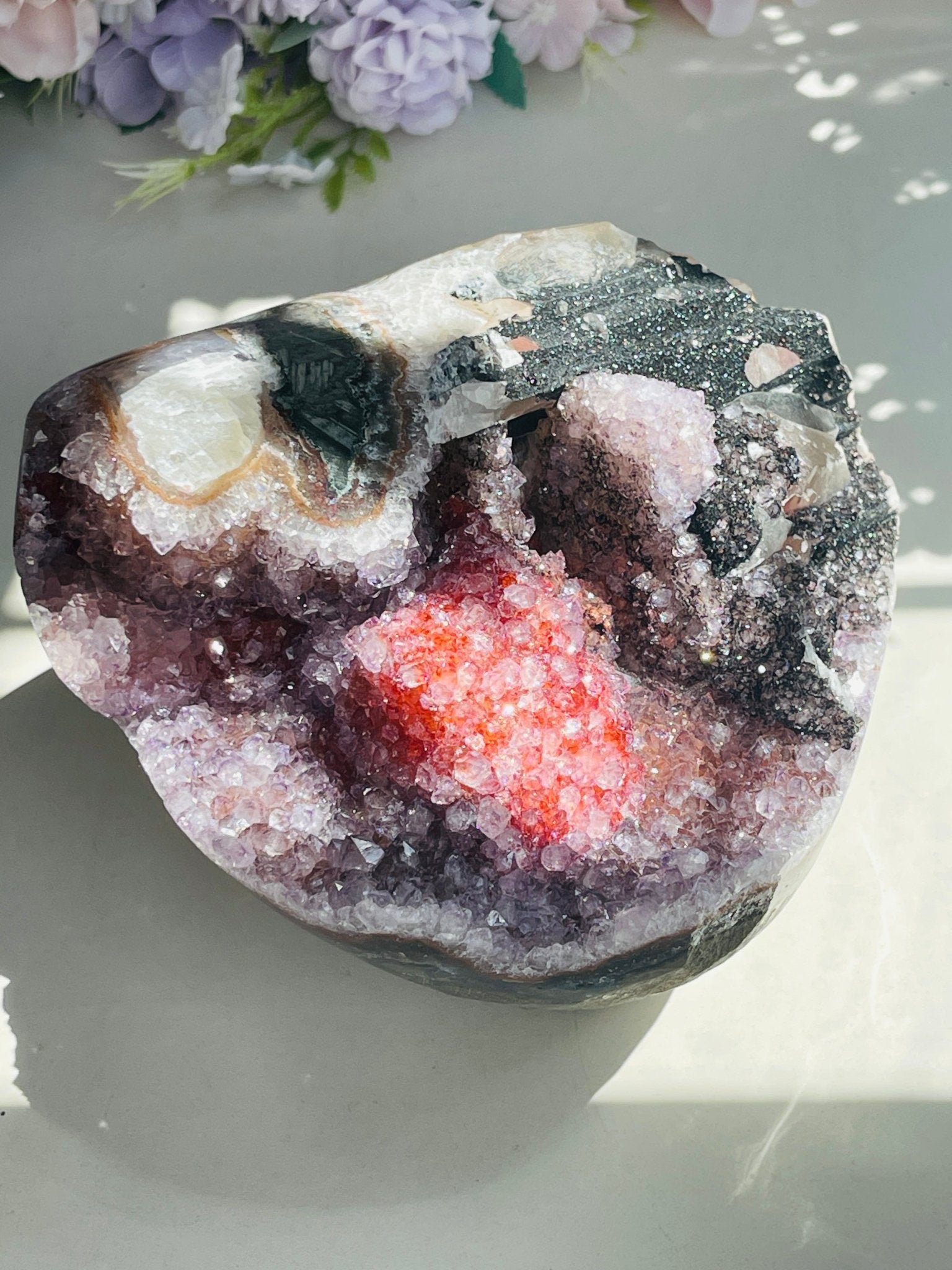 Museum-Grade Amethyst & Crimson Calcite Specimen – Multi-Mineral Statement Piece - Million Years Crystal