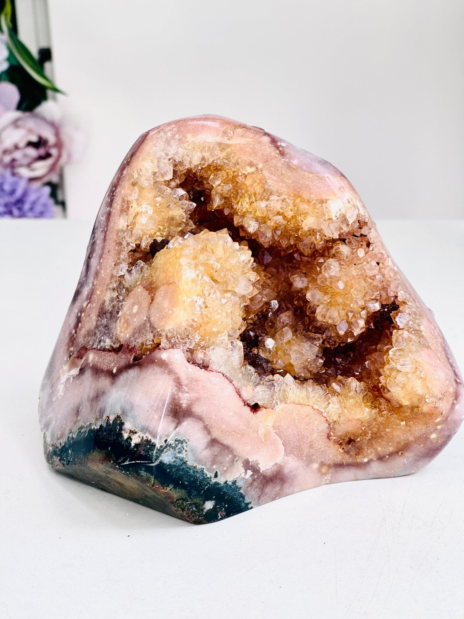 Natural Pink Amethyst Freeform with golden quartz flower 1.3kg - Million Years Crystal