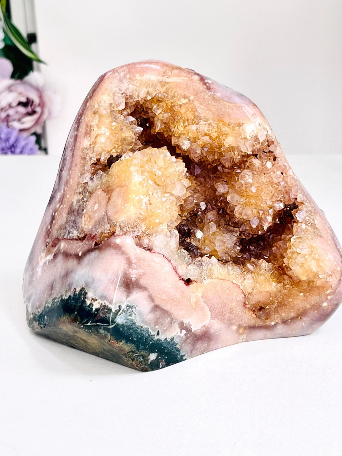 Natural Pink Amethyst Freeform with golden quartz flower 1.3kg - Million Years Crystal