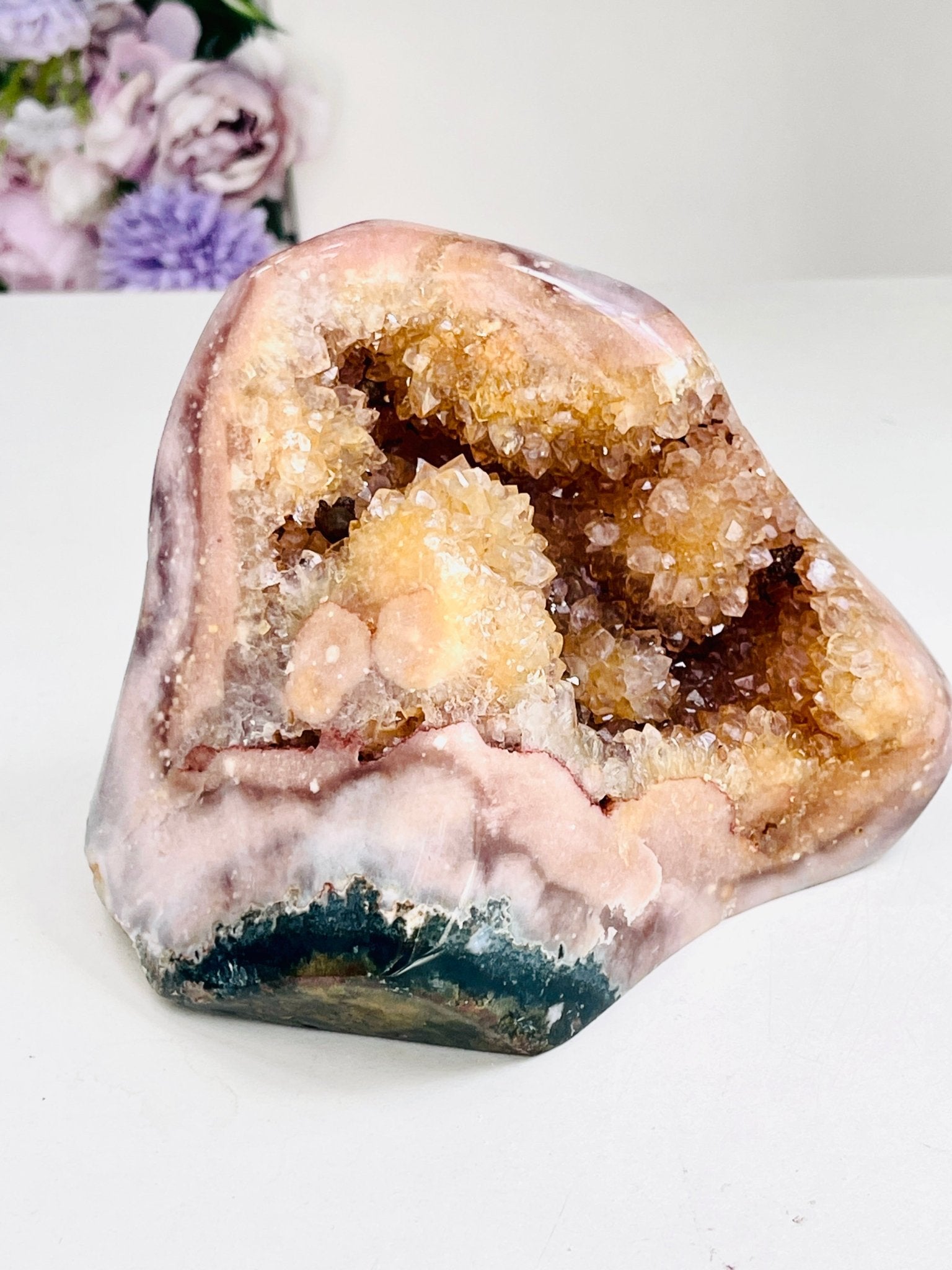 Natural Pink Amethyst Freeform with golden quartz flower 1.3kg - Million Years Crystal