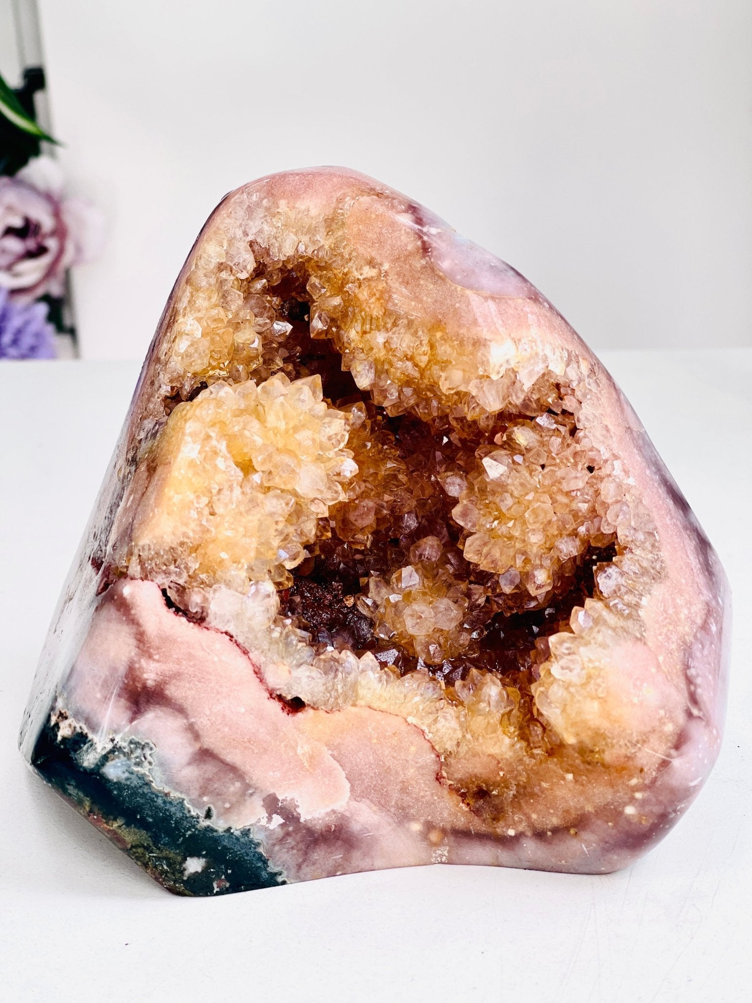Natural Pink Amethyst Freeform with golden quartz flower 1.3kg - Million Years Crystal