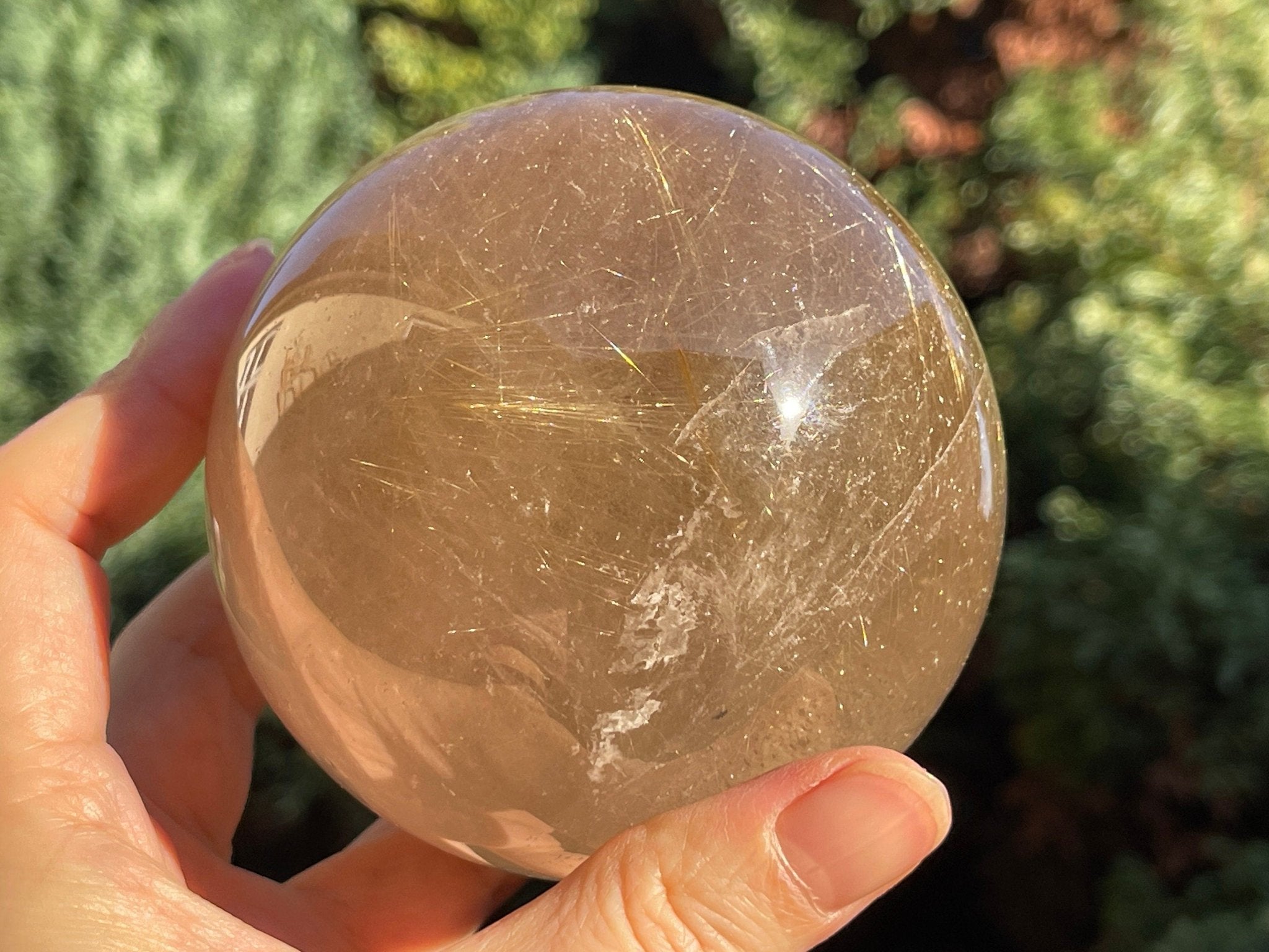 Natural Rutilated Smoky Quartz Sphere, 800g High Grade Golden Rutile Rutilated Smokey Quartz with Phantoms , Rare Crystals, Crystal Gift - Million Years Crystal