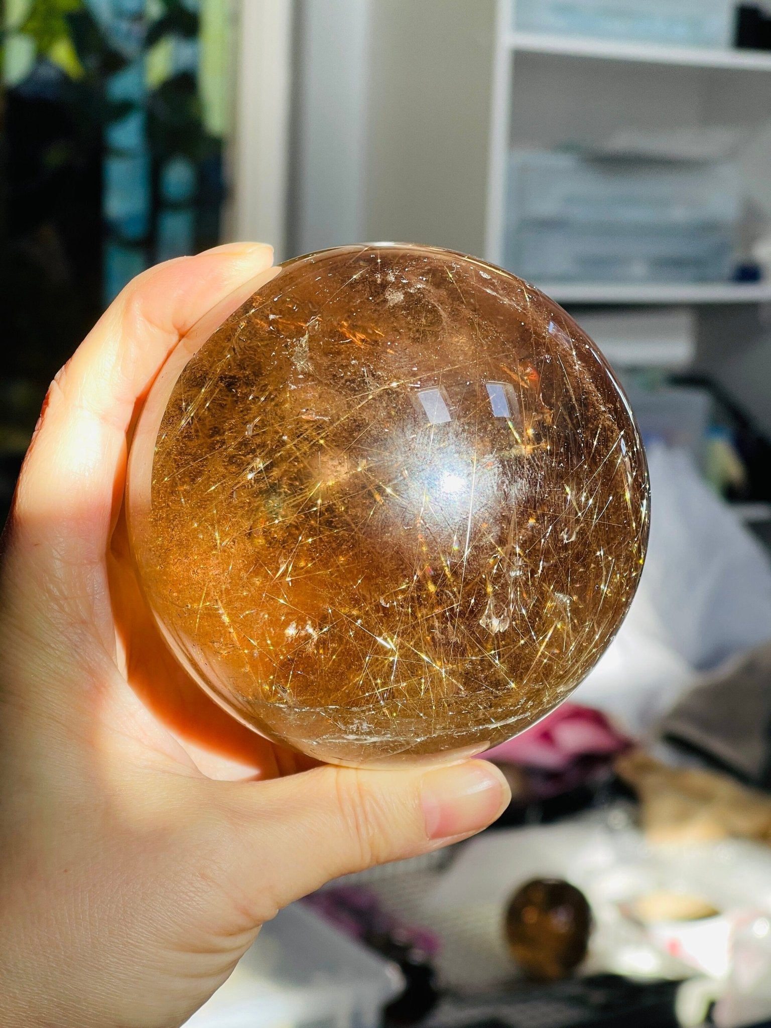 Natural Rutilated Smoky Quartz Sphere, High Grade Golden Rutile Rutilated Smokey Quartz with Phantoms , Rare Crystals, Crystal Gift - Million Years Crystal