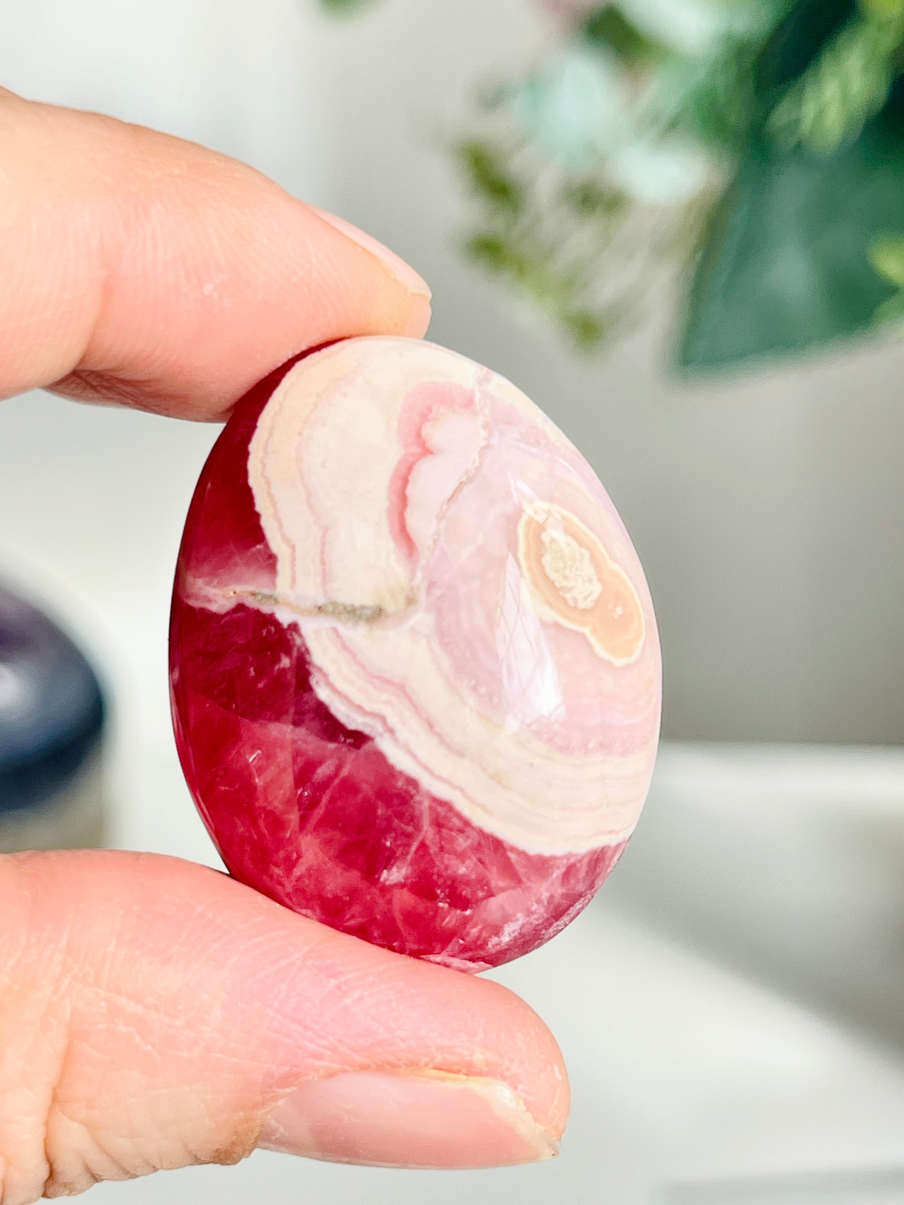 Rare Rhodochrosite Mini Palmstone (Oval) – Argentine Pink Banded Crystal Pocket Stone 3