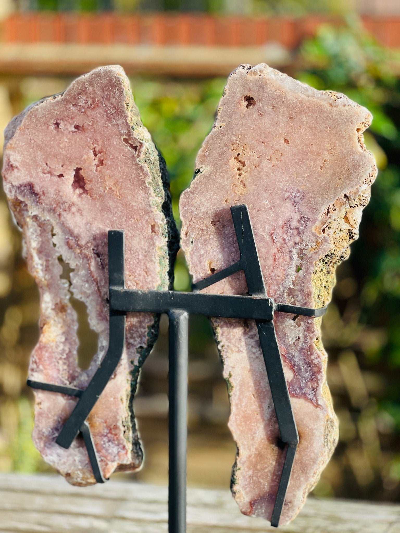 Pink Amethyst Angel Wings on Custom Metal Stand - Million Years Crystal