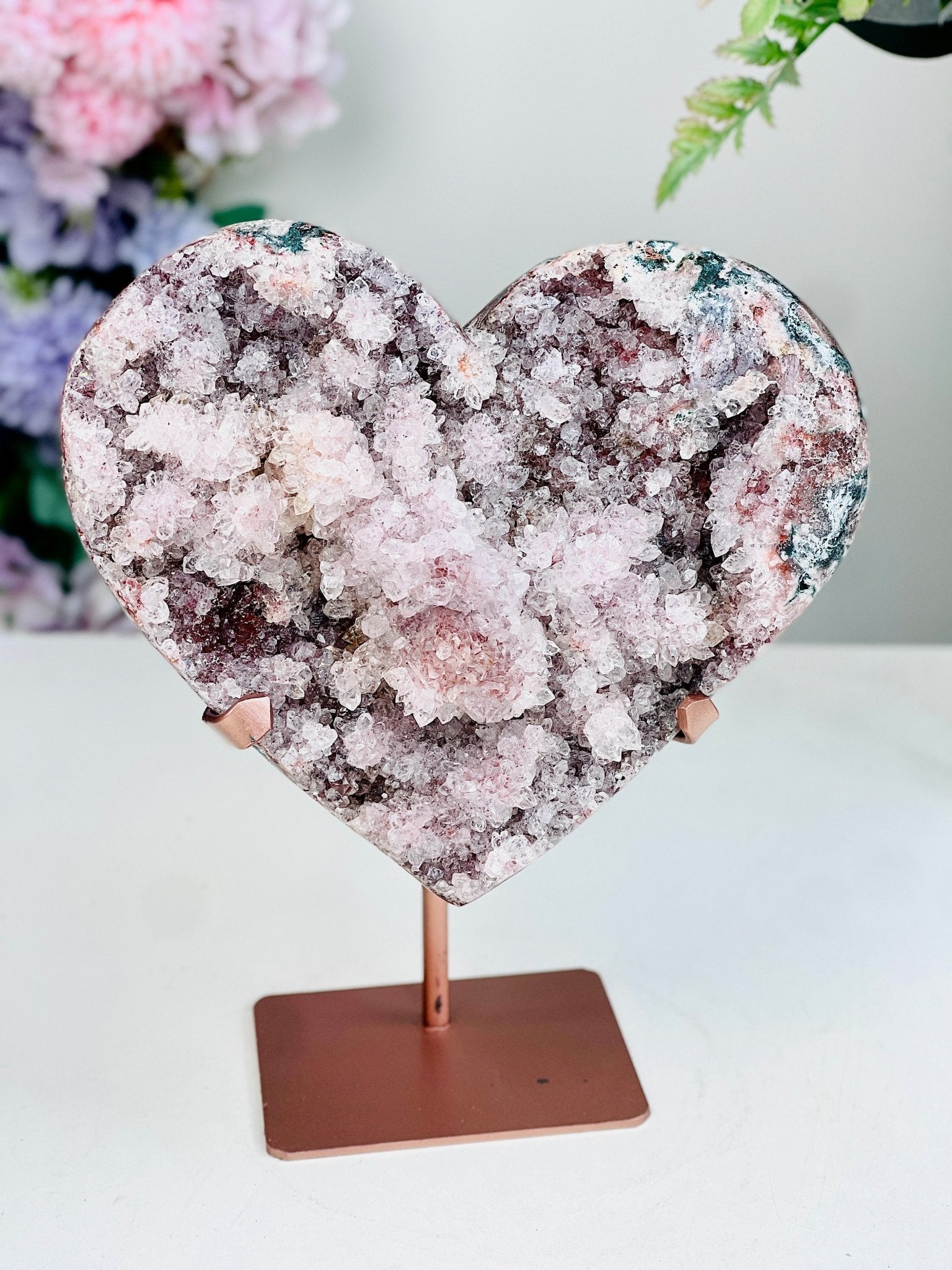 Pink Amethyst Druzy Heart on Metal Stand 1.78kg - Million Years Crystal
