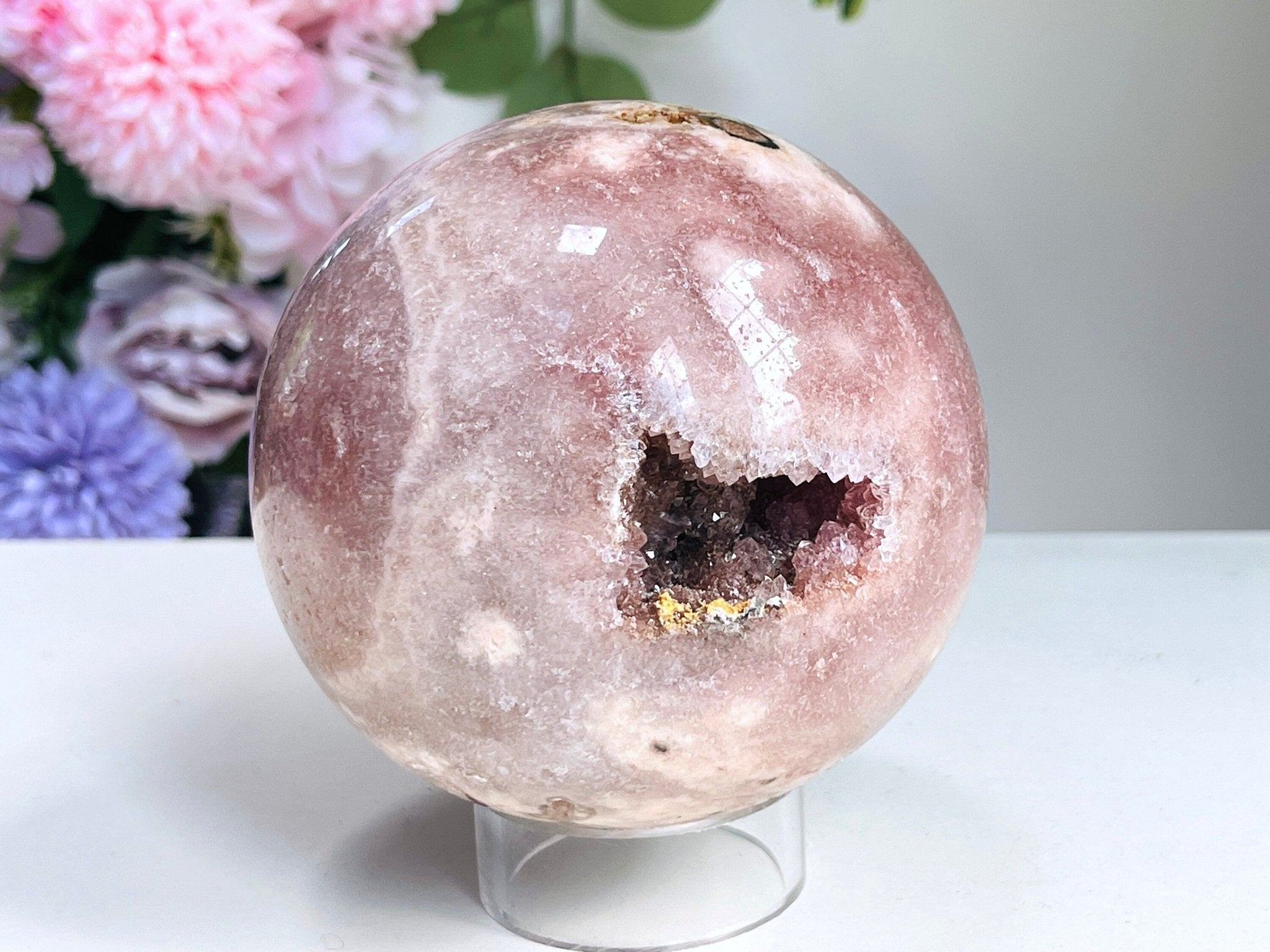 Pink Amethyst Sphere, 94mm Pink Amethyst with Quartz sphere, Sparkling Pink Amethyst, crystal gift - Million Years Crystal