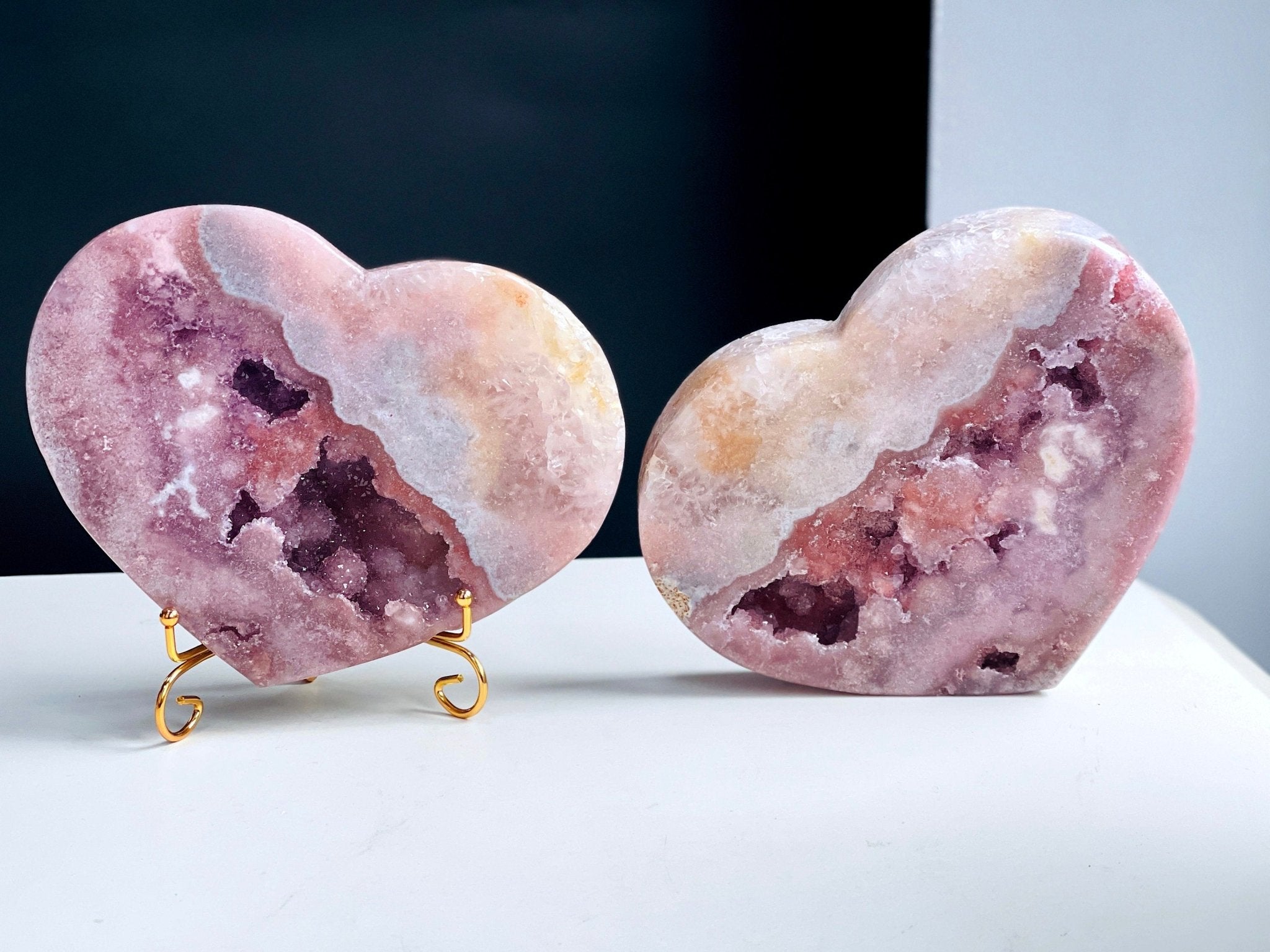 Pink Amethyst, Super Extra Quality Paired Pink Amethyst Heart, Pink Amethyst Heart Set, Pink Amethyst Crystals, Crystal Gift - Million Years Crystal