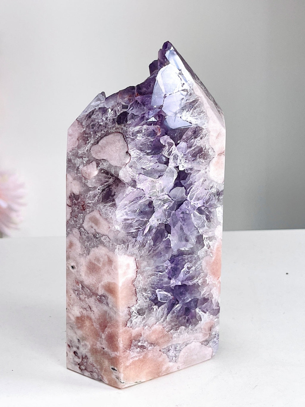 Pink Amethyst Tower with Purple Amethyst Druzy - Million Years Crystal