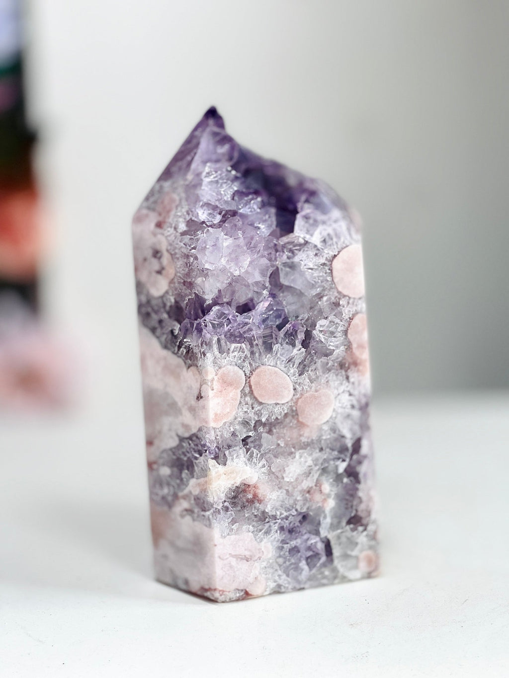 Pink Amethyst Tower with Purple Amethyst Druzy - Million Years Crystal