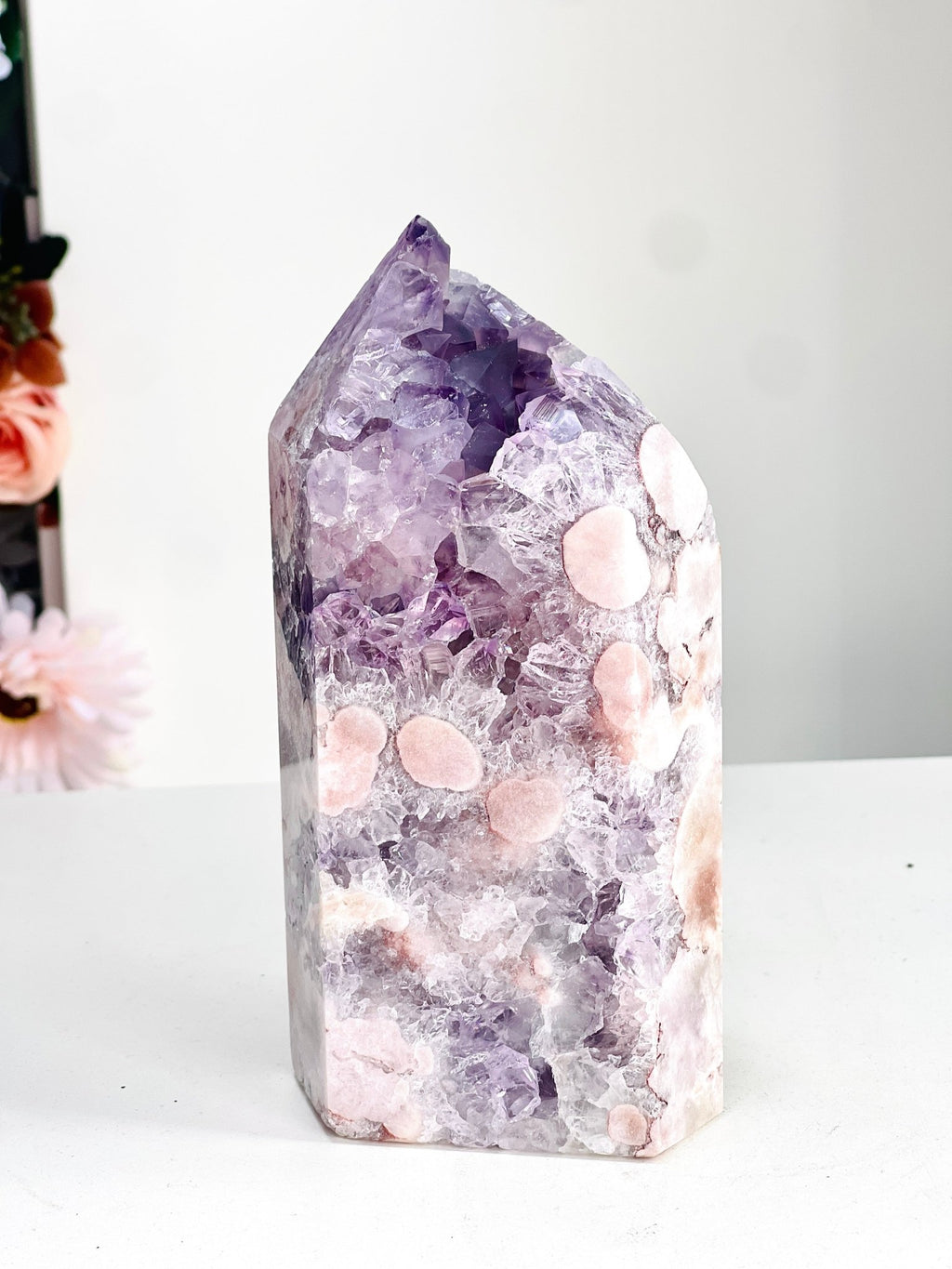 Pink Amethyst Tower with Purple Amethyst Druzy - Million Years Crystal