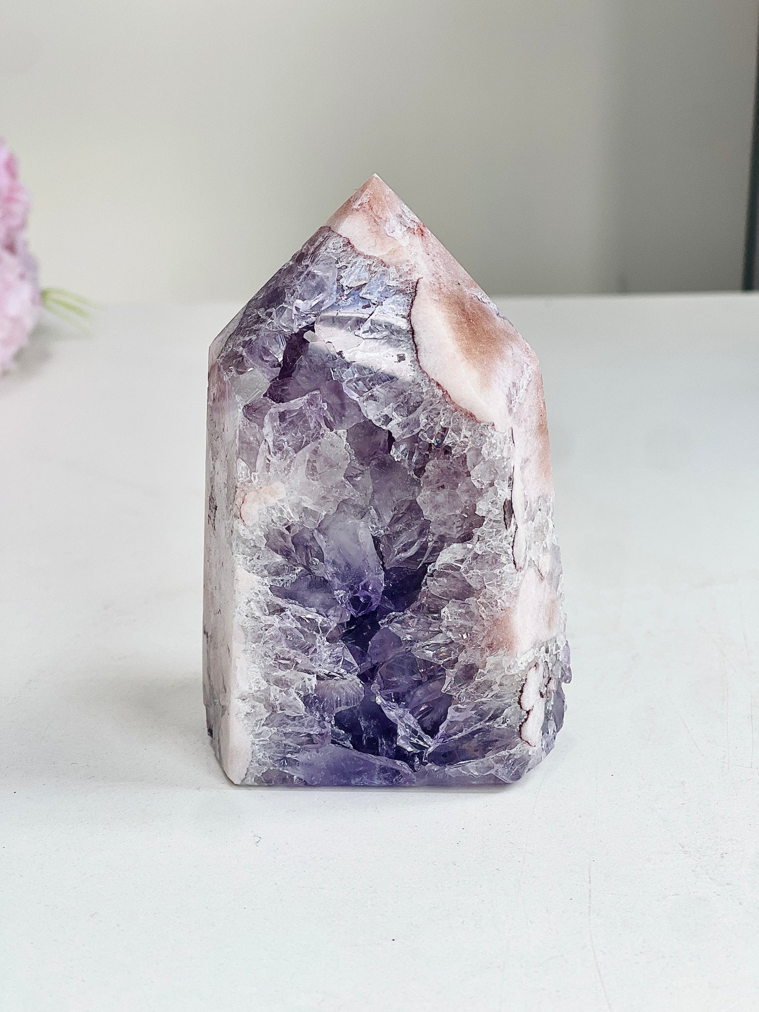 Pink Amethyst Tower with Purple Amethyst Druzy Cave | 417g - Million Years Crystal