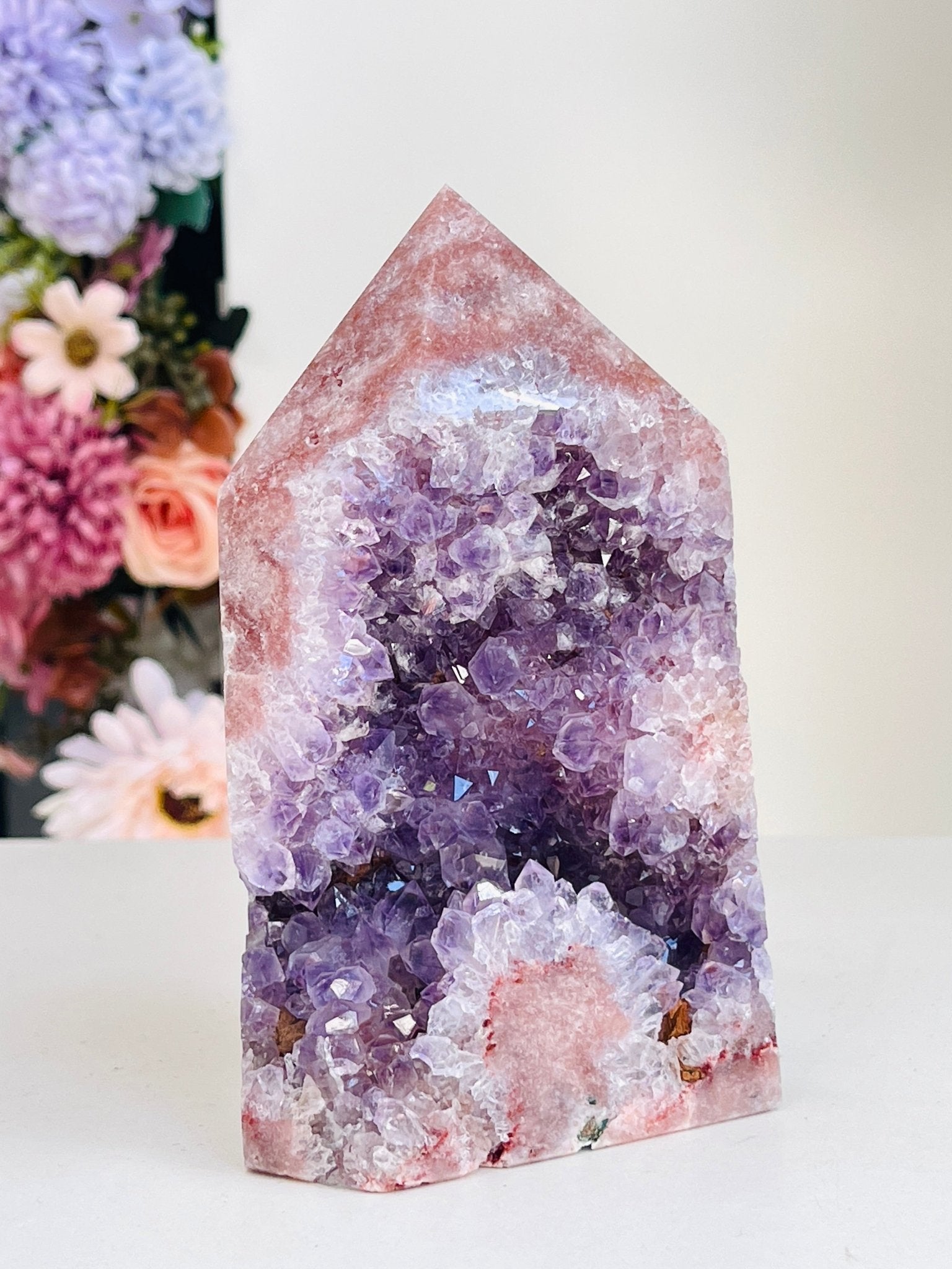 Pink Amethyst Tower with Purple Amethyst Druzy Cave – 929g Crystal Specimen - Million Years Crystal