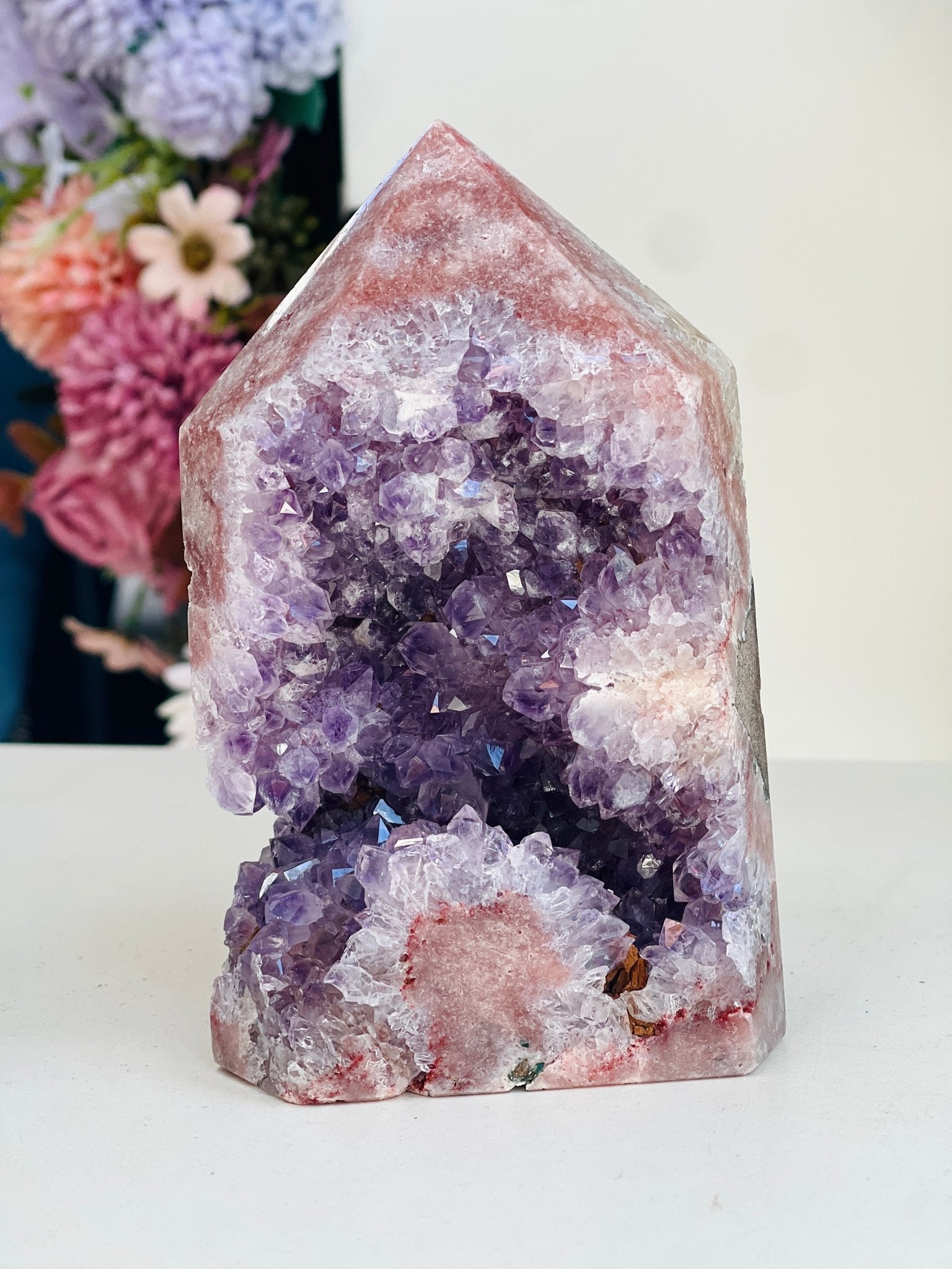 Pink Amethyst Tower with Purple Amethyst Druzy Cave – 929g Crystal Specimen - Million Years Crystal