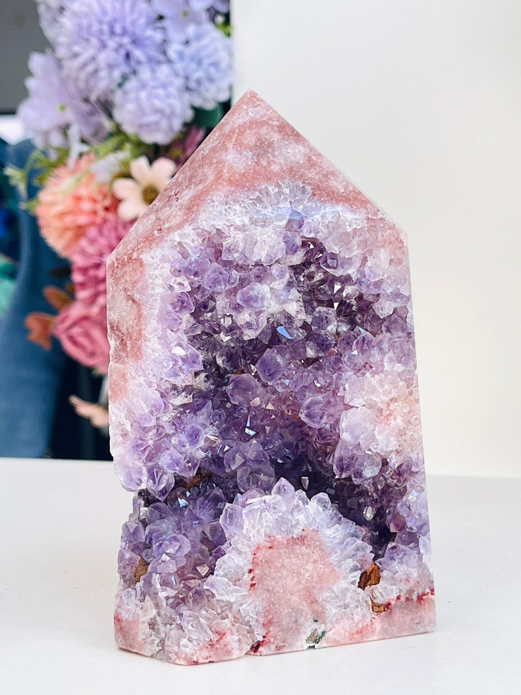 Pink Amethyst Tower with Purple Amethyst Druzy Cave – 929g Crystal Specimen - Million Years Crystal