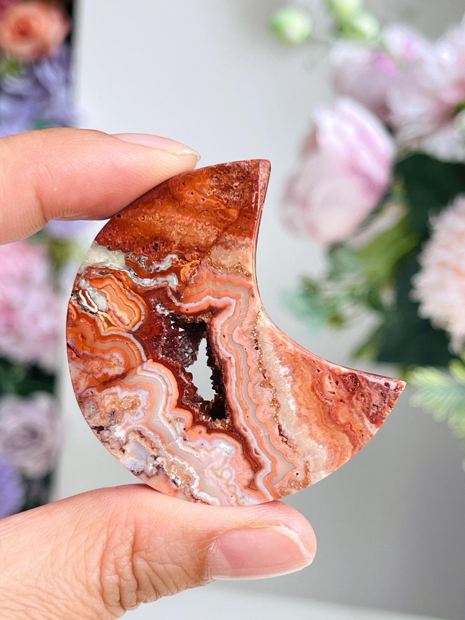 Pink Crazy Lace Agate Moon, 50mm Small " Happy Lace Agate" Moon, Crystal Moon, Crystal Giftt, Healing Crystal - Million Years Crystal