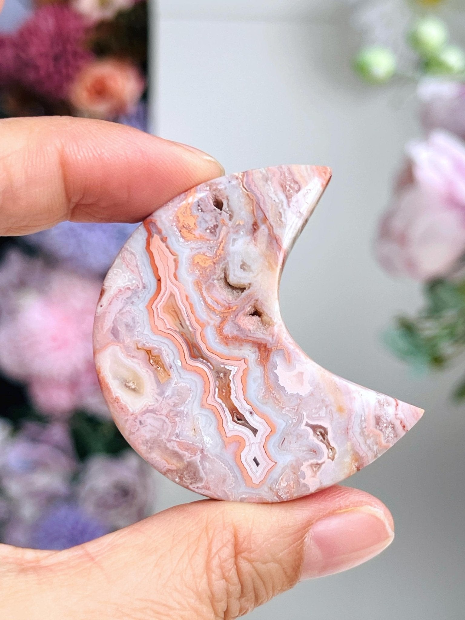 Pink Crazy Lace Agate Moon, 50mm Small " Happy Lace Agate" Moon, Crystal Moon, Crystal Giftt, Healing Crystal - Million Years Crystal
