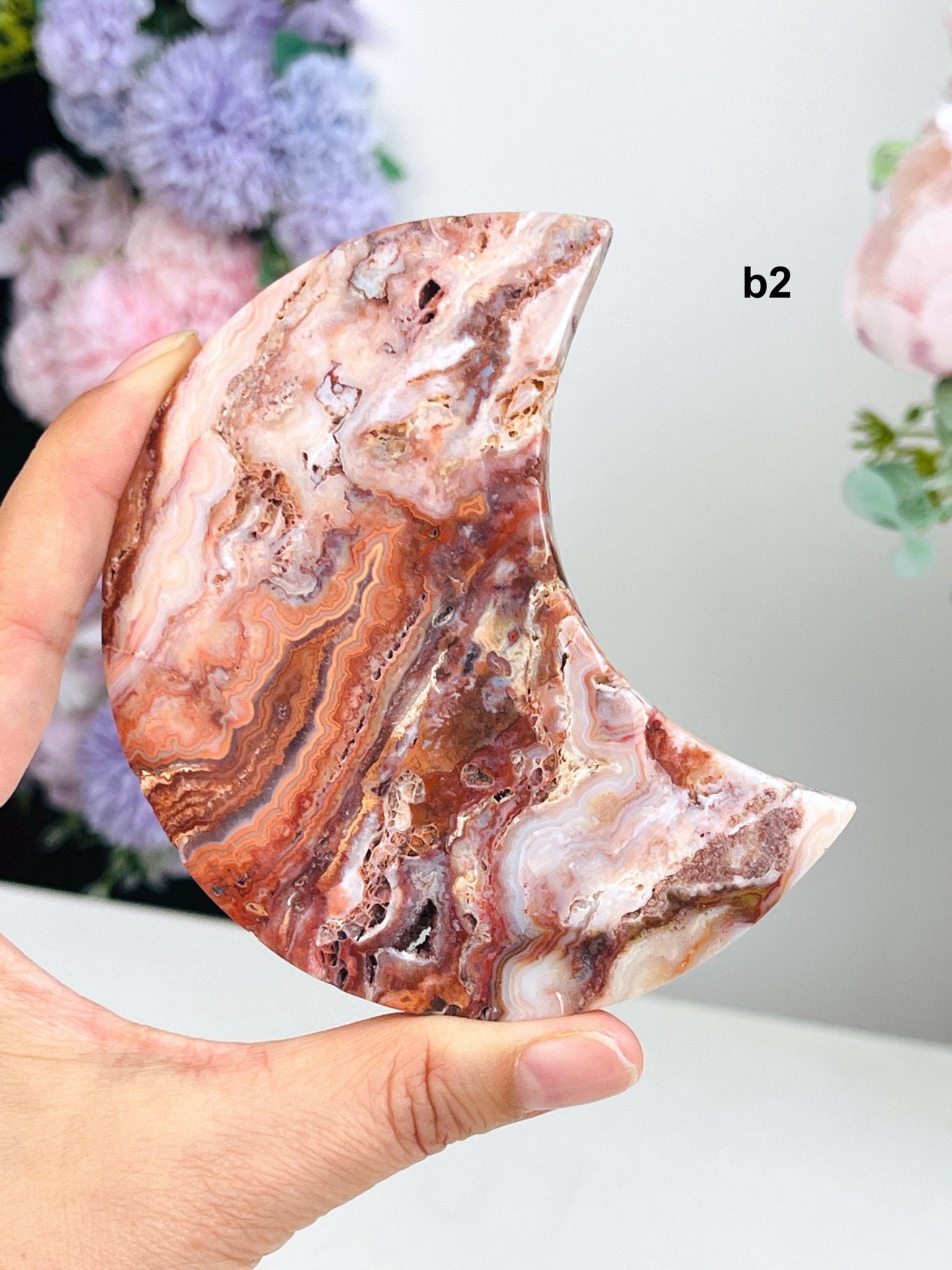 Pink Crazy Lace Agate Moon, 95mm " Happy Lace Agate" Moon, Crystal Moon, Crystal Giftt, Healing Crystal - Million Years Crystal
