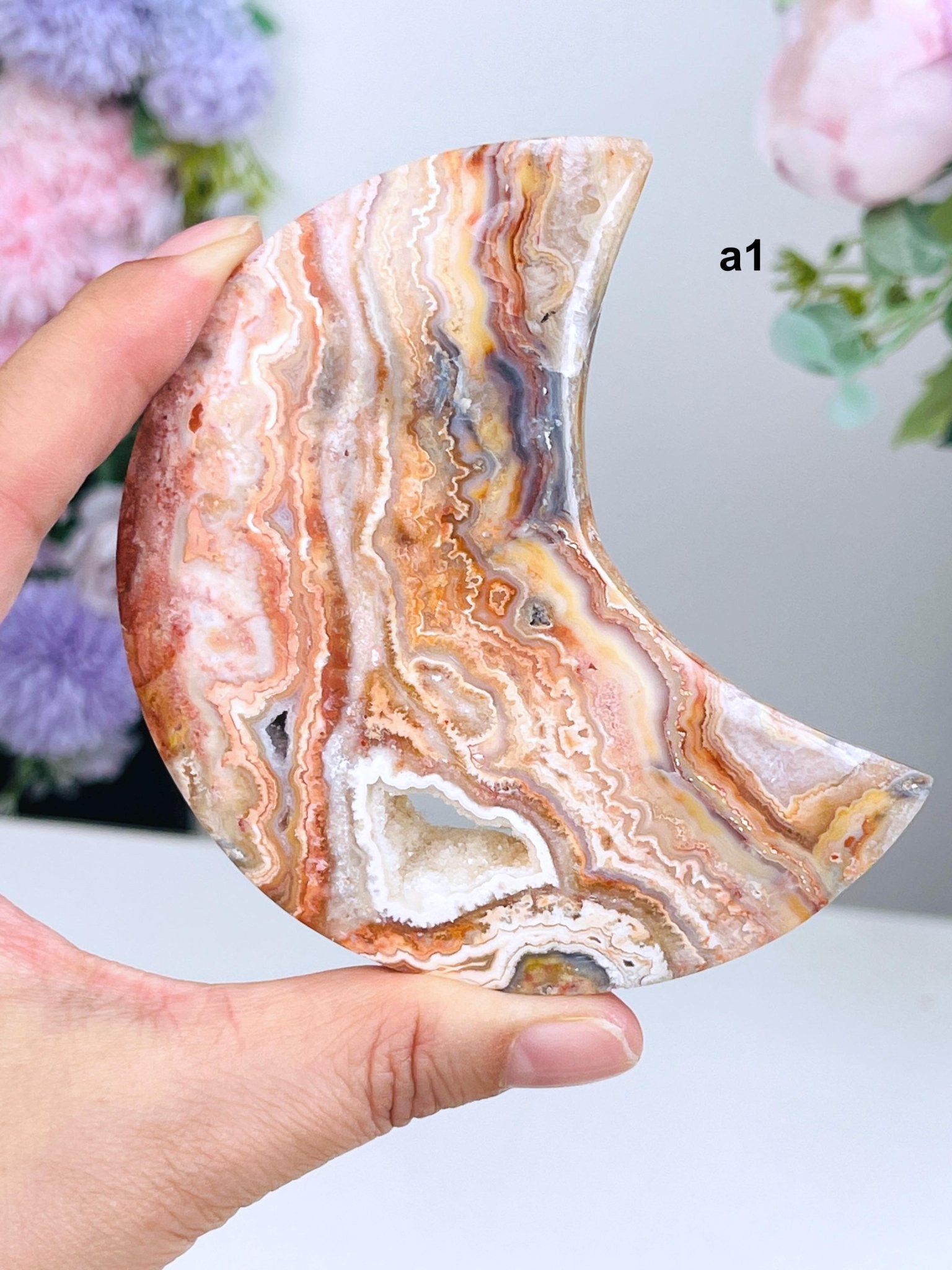 Pink Crazy Lace Agate Moon, 95mm " Happy Lace Agate" Moon, Crystal Moon, Crystal Giftt, Healing Crystal - Million Years Crystal