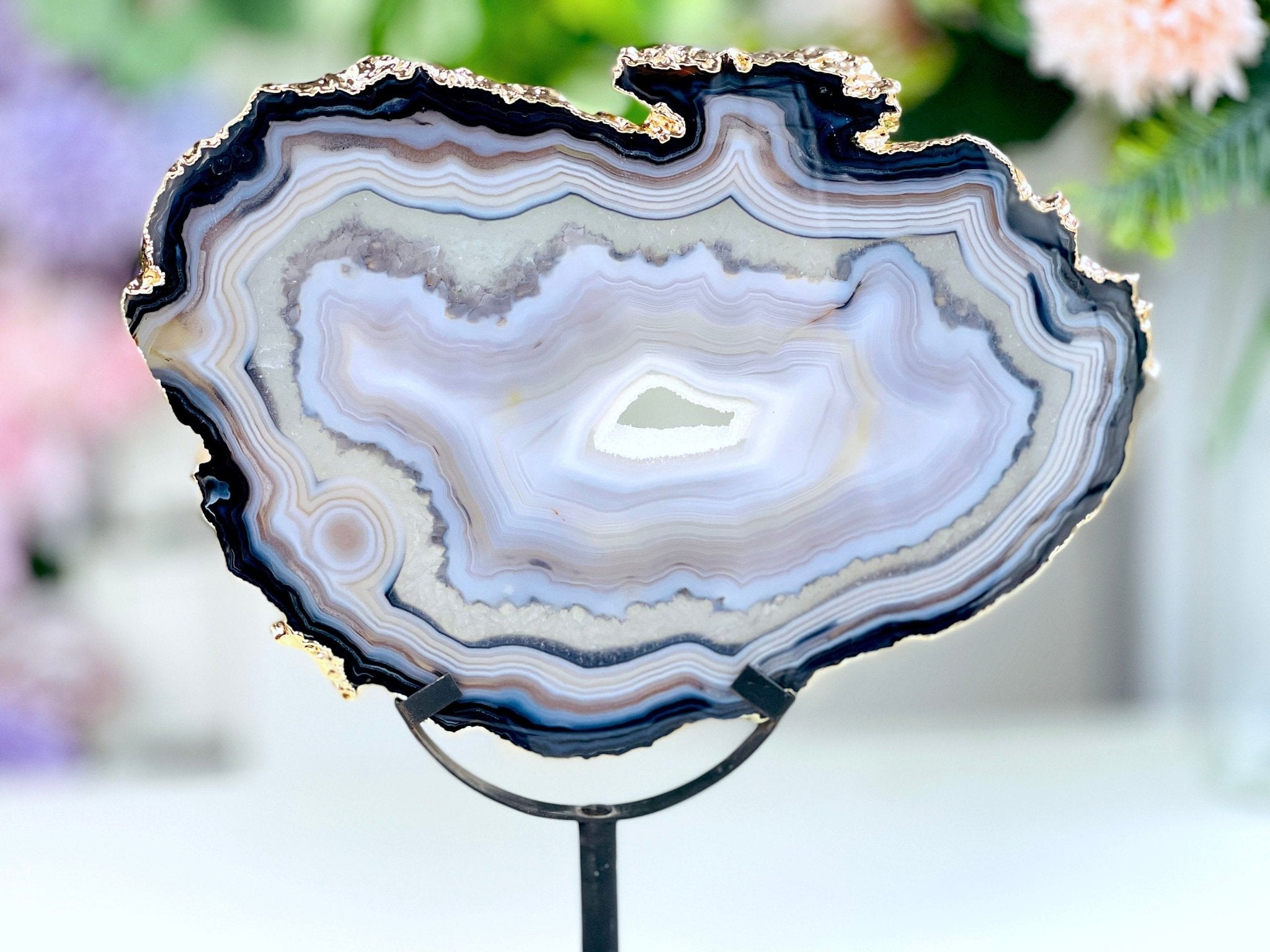 Premium Quality Brazilian Agate Slice on metal stand, Unique Crystal Gift - Million Years Crystal