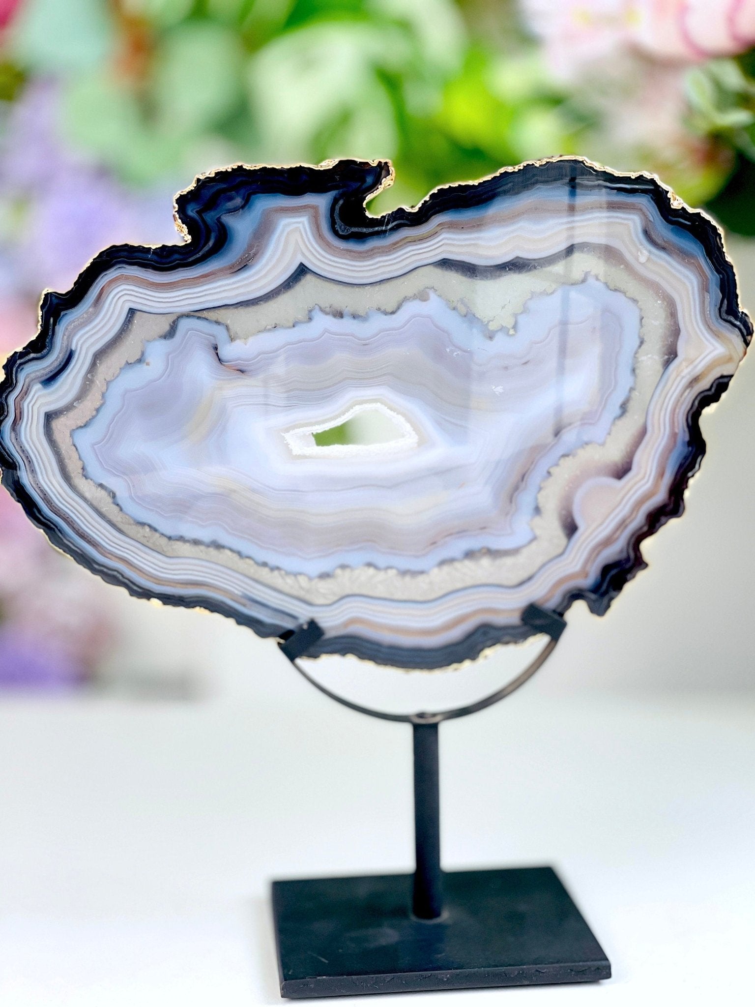 Premium Quality Brazilian Agate Slice on metal stand, Unique Crystal Gift - Million Years Crystal