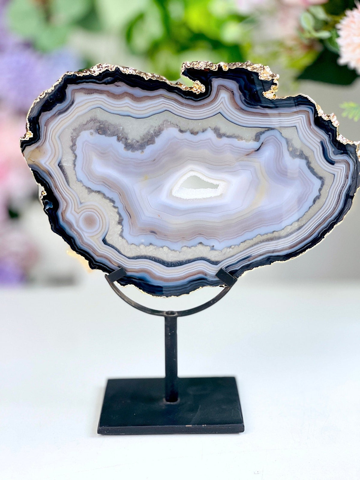 Premium Quality Brazilian Agate Slice on metal stand, Unique Crystal Gift - Million Years Crystal