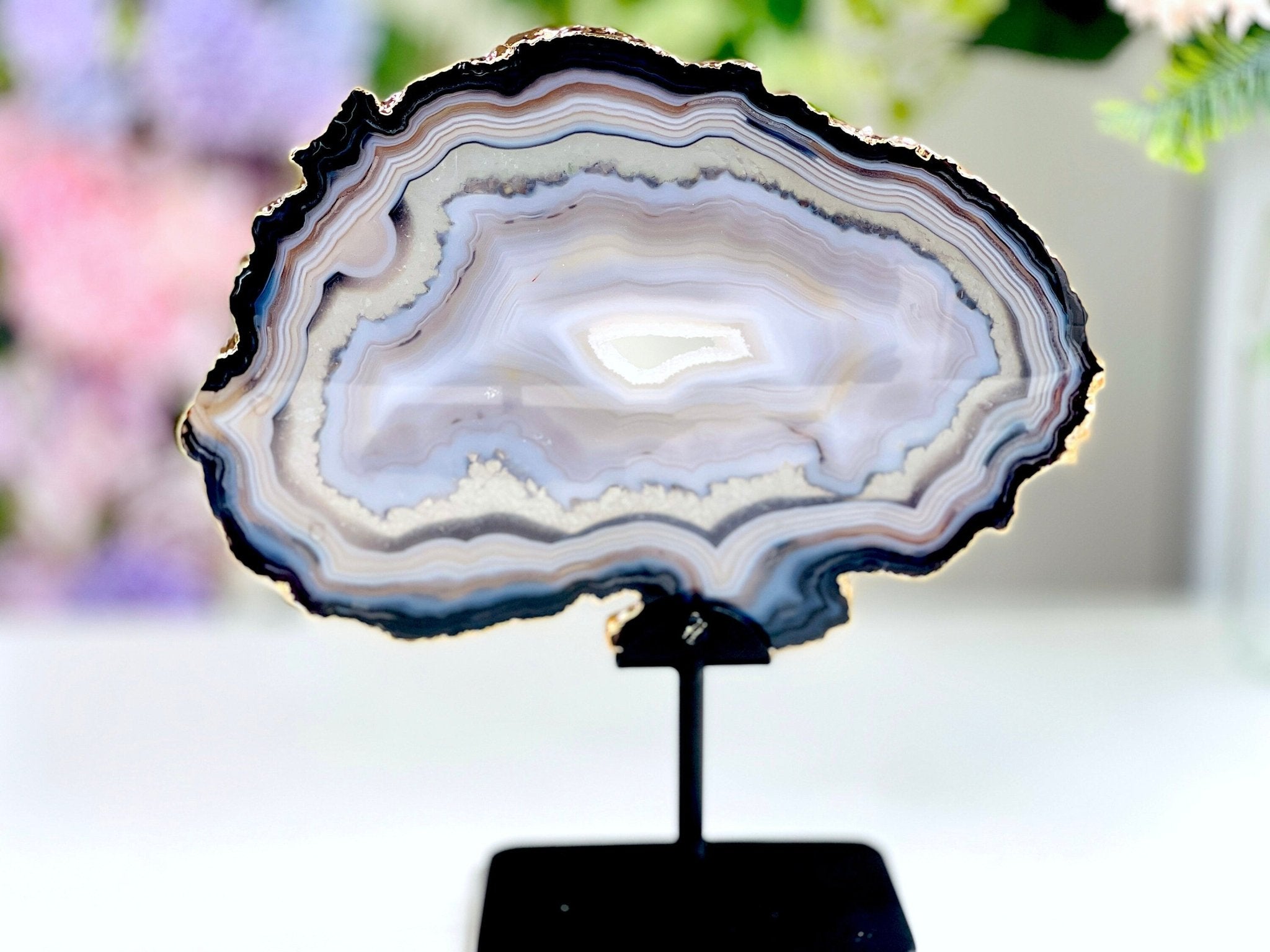 Premium Quality Brazilian Agate Slice on metal stand, Unique Crystal Gift - Million Years Crystal