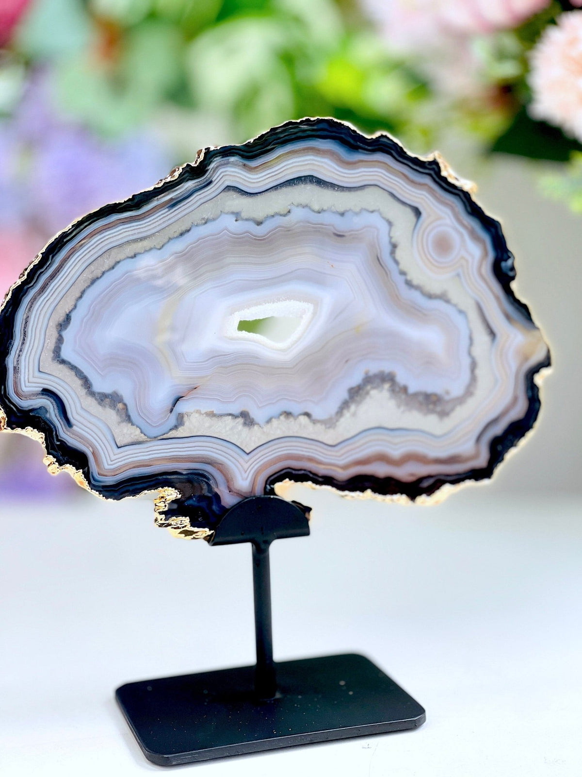 Premium Quality Brazilian Agate Slice on metal stand, Unique Crystal Gift - Million Years Crystal