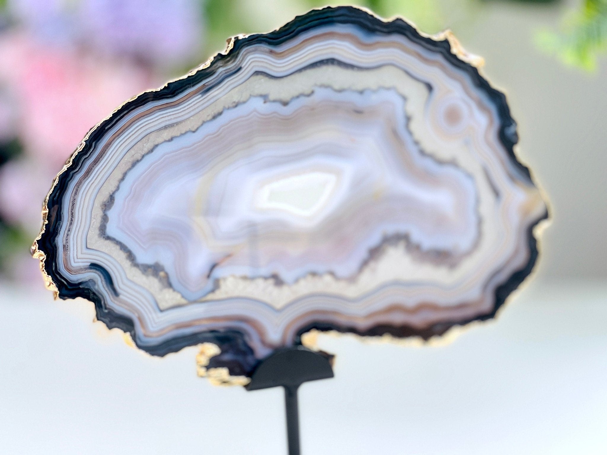 Premium Quality Brazilian Agate Slice on metal stand, Unique Crystal Gift - Million Years Crystal