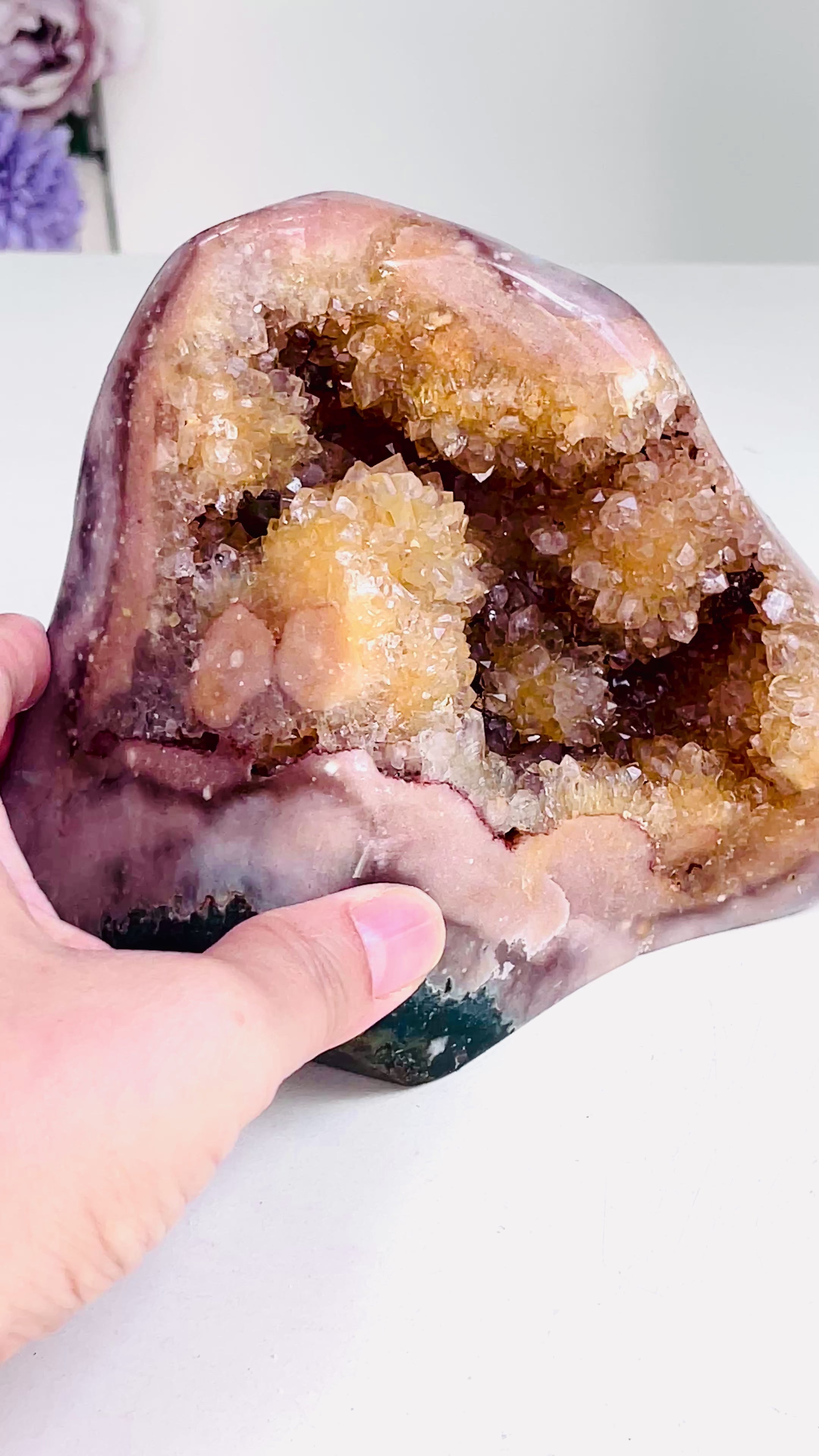 Natural Pink Amethyst Freeform with golden quartz flower 1.3kg