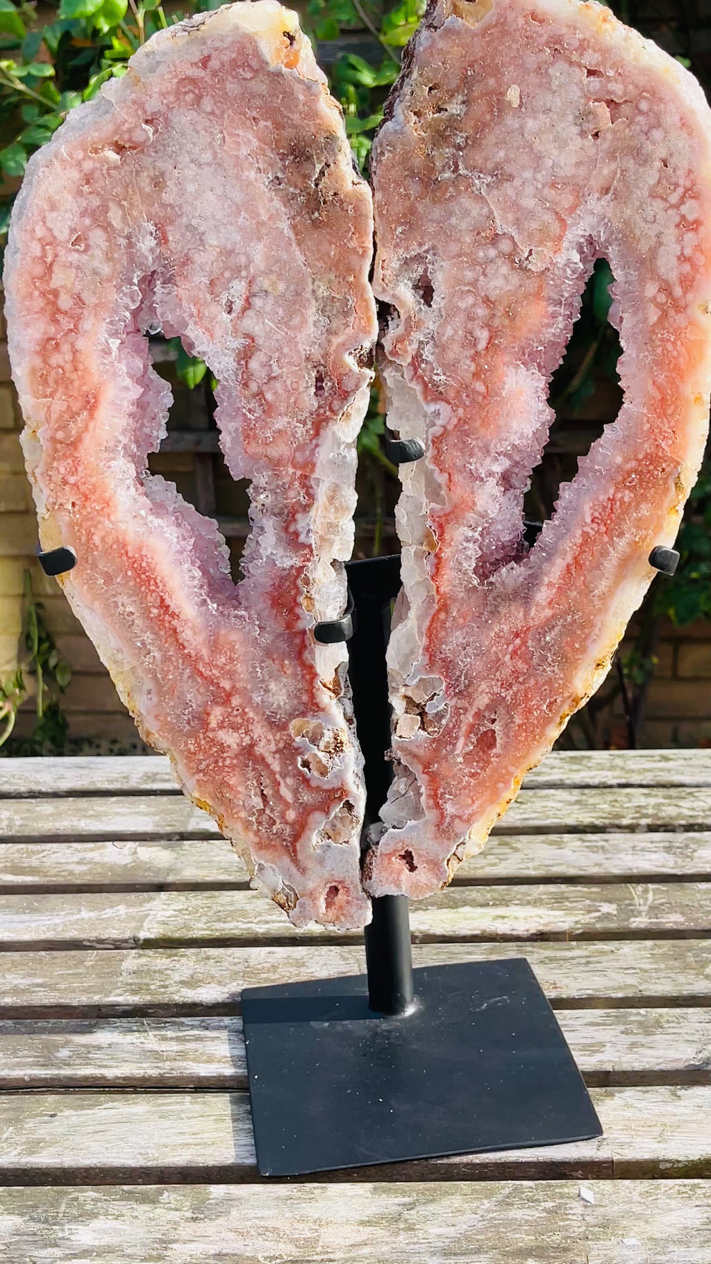 Pink Amethyst Angel Wings on Custom Metal Stand