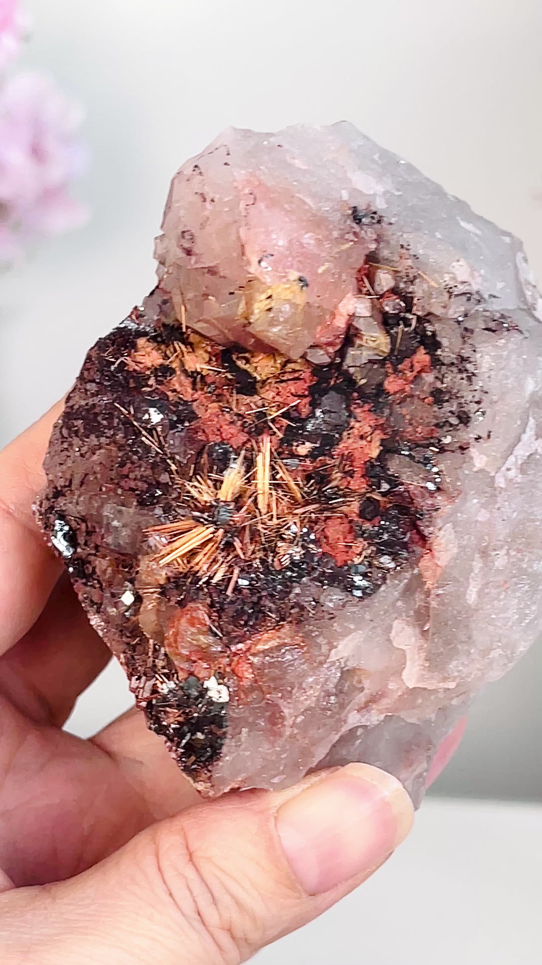 Golden Rutile with Hematite on Quartz