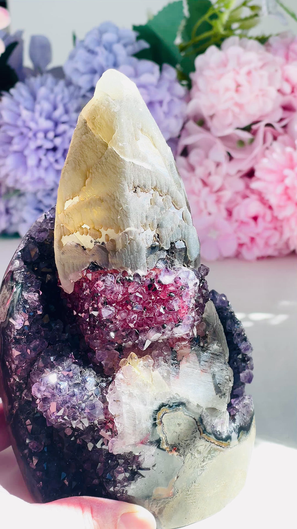 Amethyst Specimen with Central Calcite Tower & Red Druzy Band