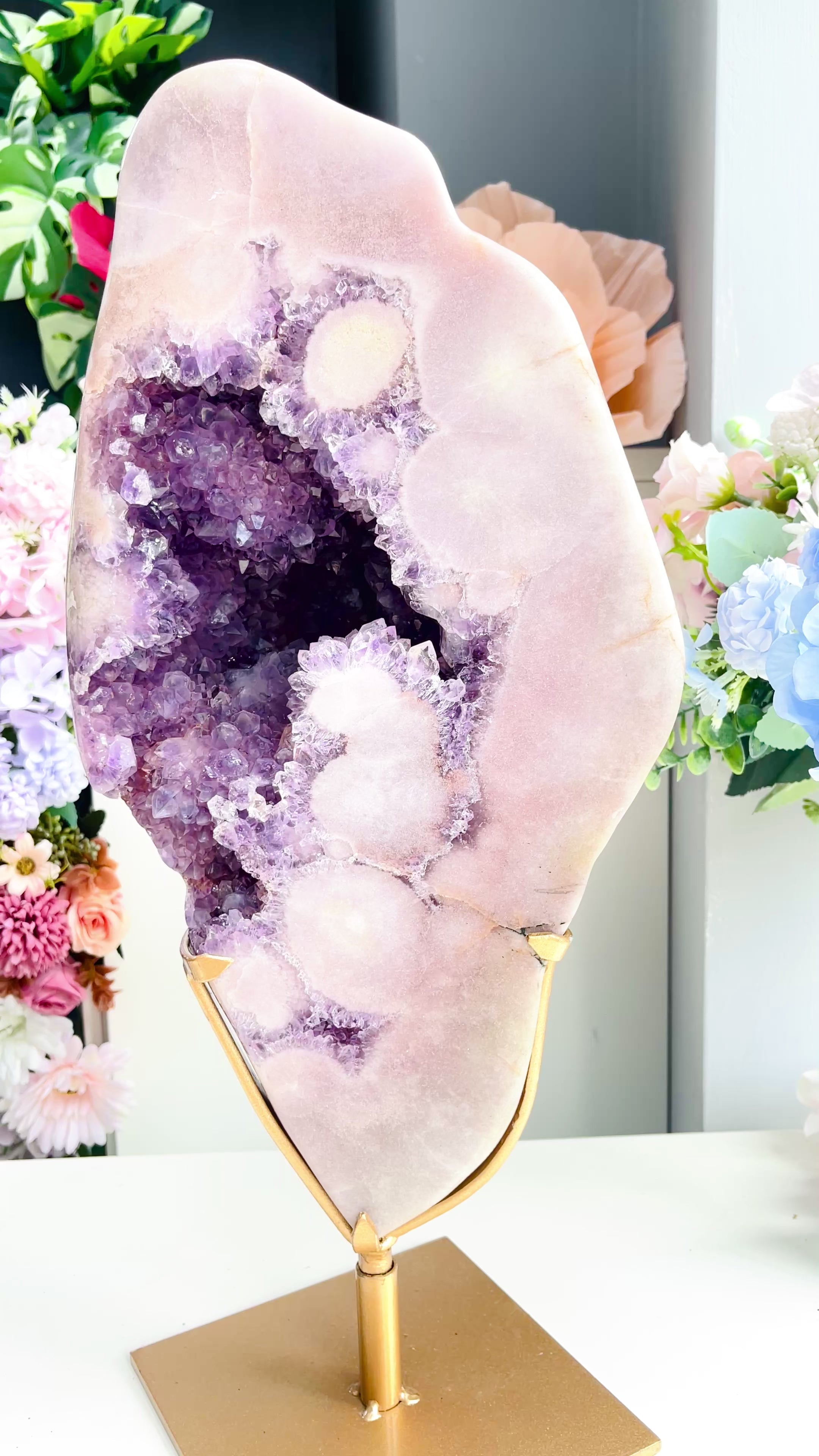 Extra-Large Pink Amethyst Freeform with Deep Purple Druzy | Display Piece on Brass Stand