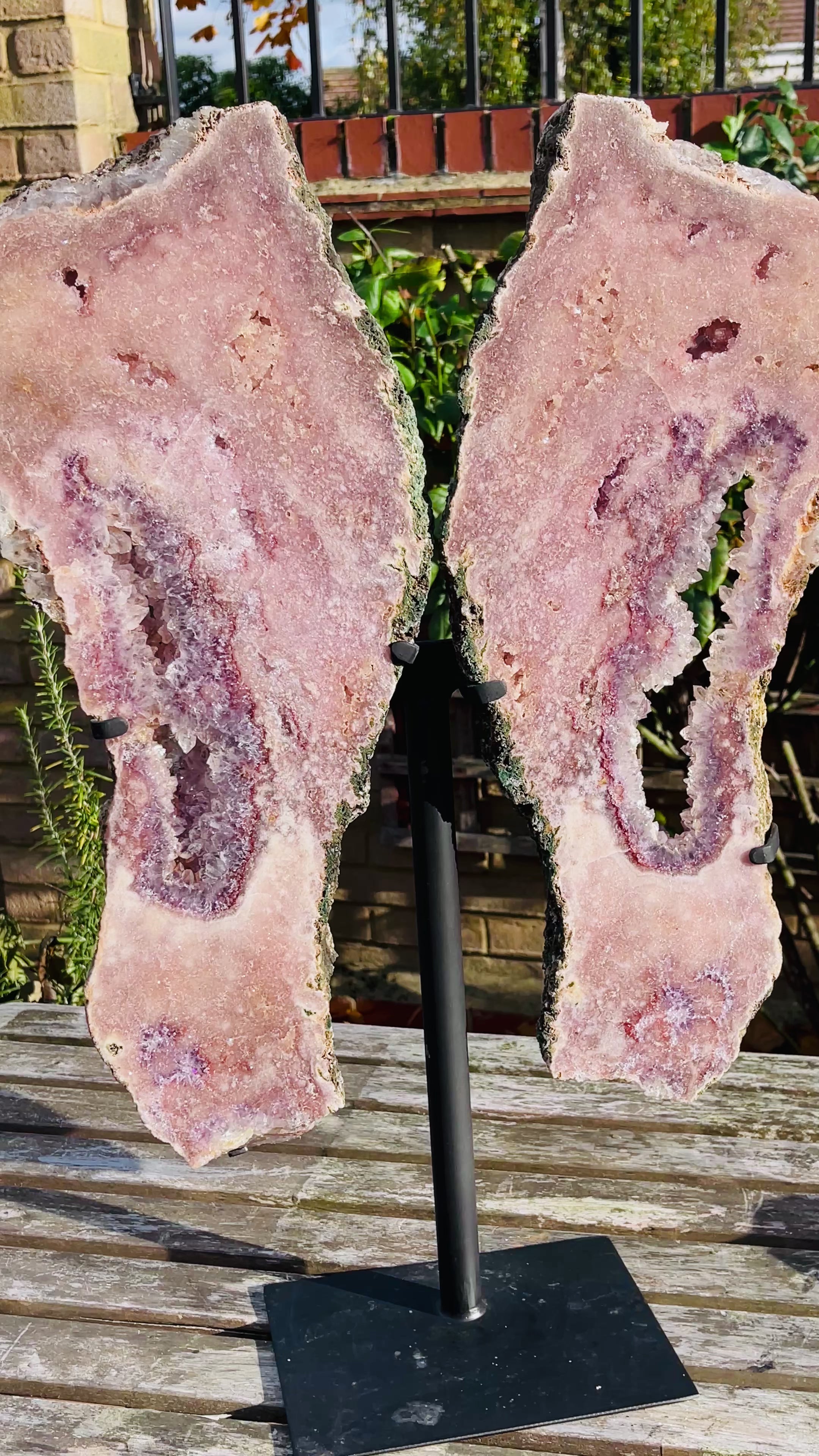 Pink Amethyst Angel Wings on Custom Metal Stand
