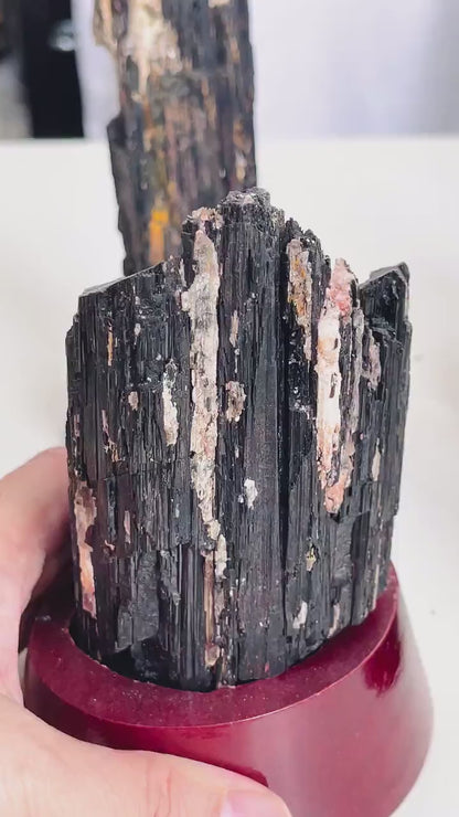 Amazing Rough Black Tourmaline with Mica, Large Black Tourmaline on Wooden base , Raw Mineral Specimen, Stone for Protection