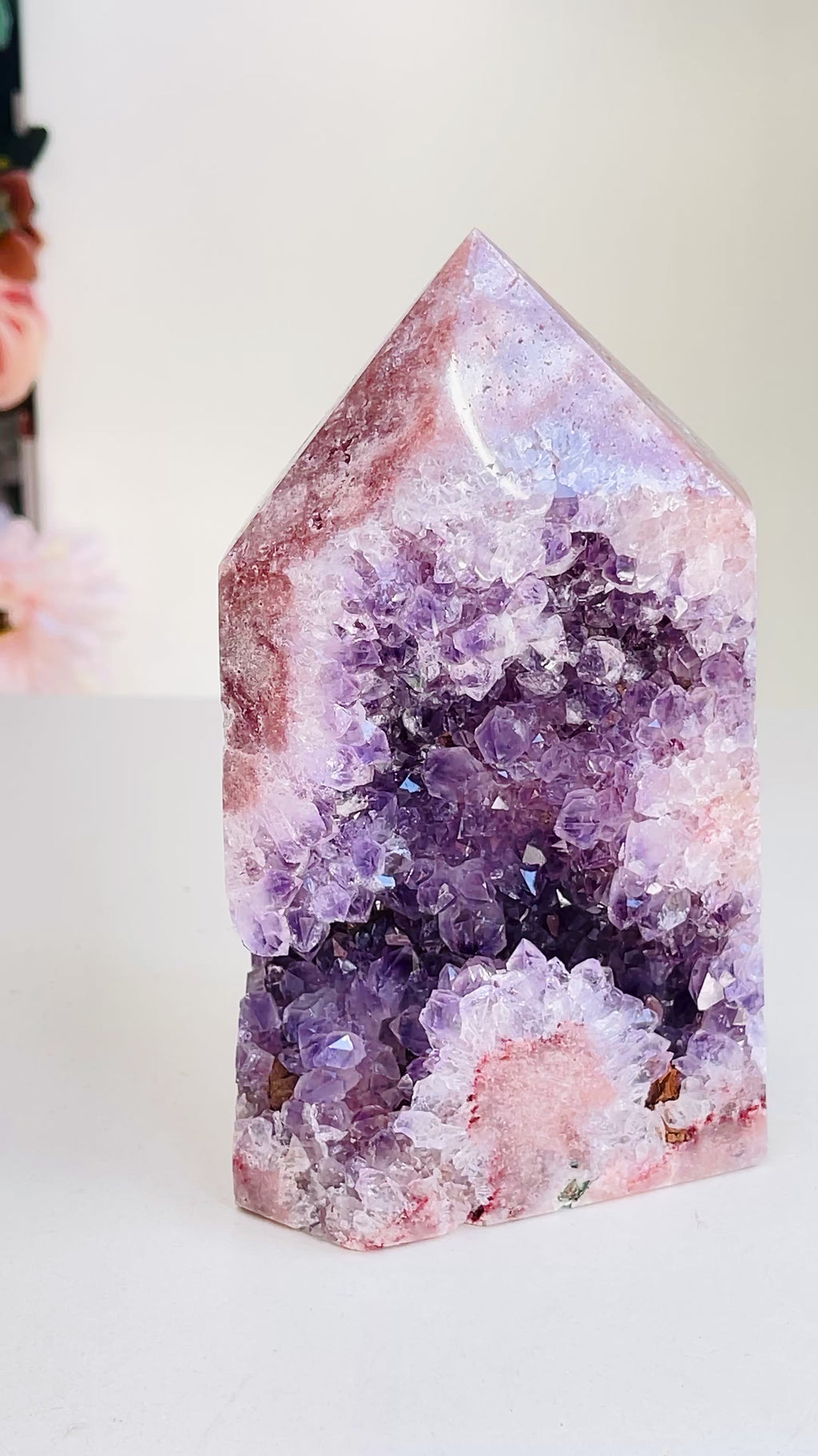Pink Amethyst Tower with Purple Amethyst Druzy Cave – 929g Crystal Specimen