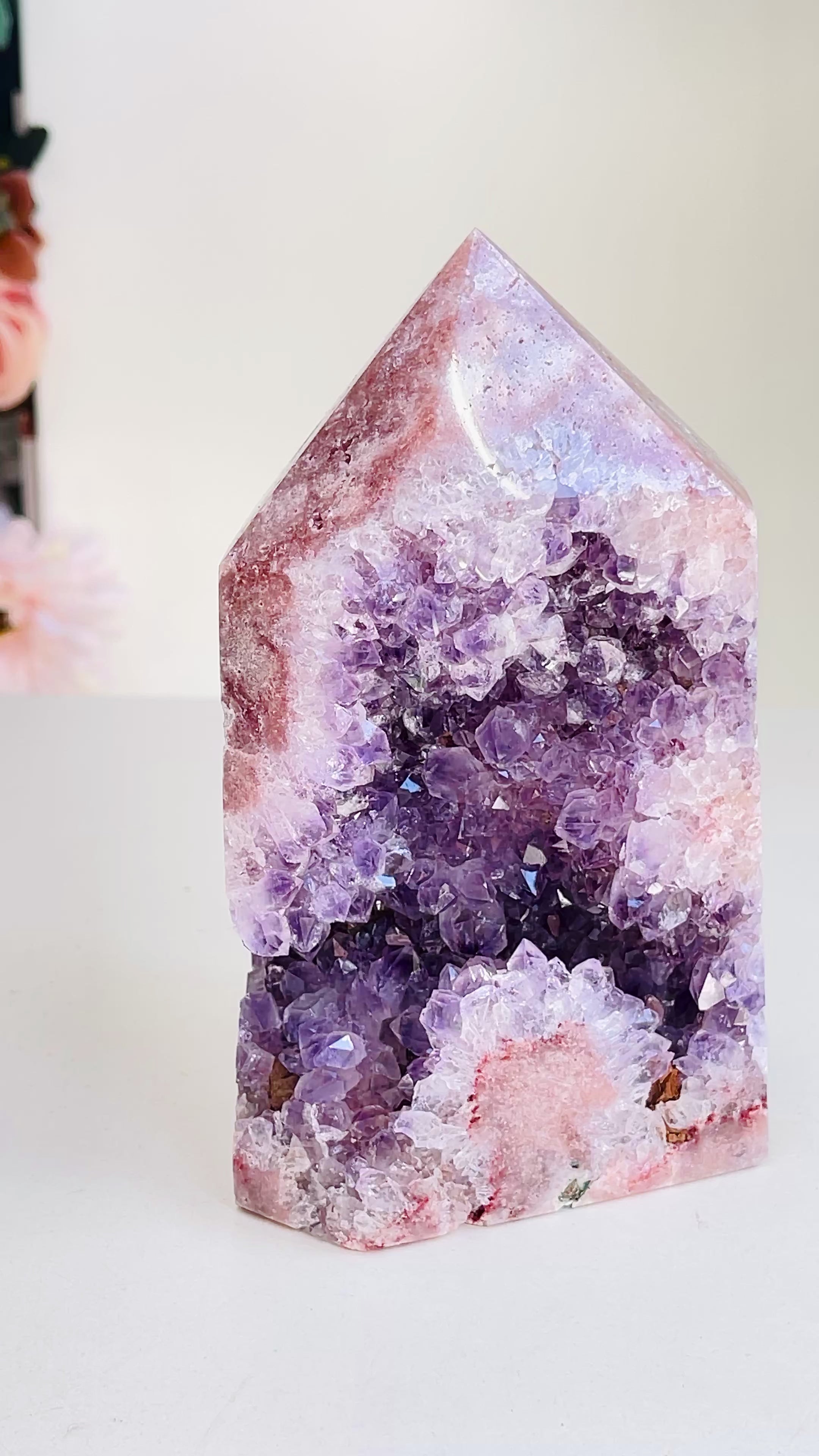 Pink Amethyst Tower with Purple Amethyst Druzy Cave – 929g Crystal Specimen