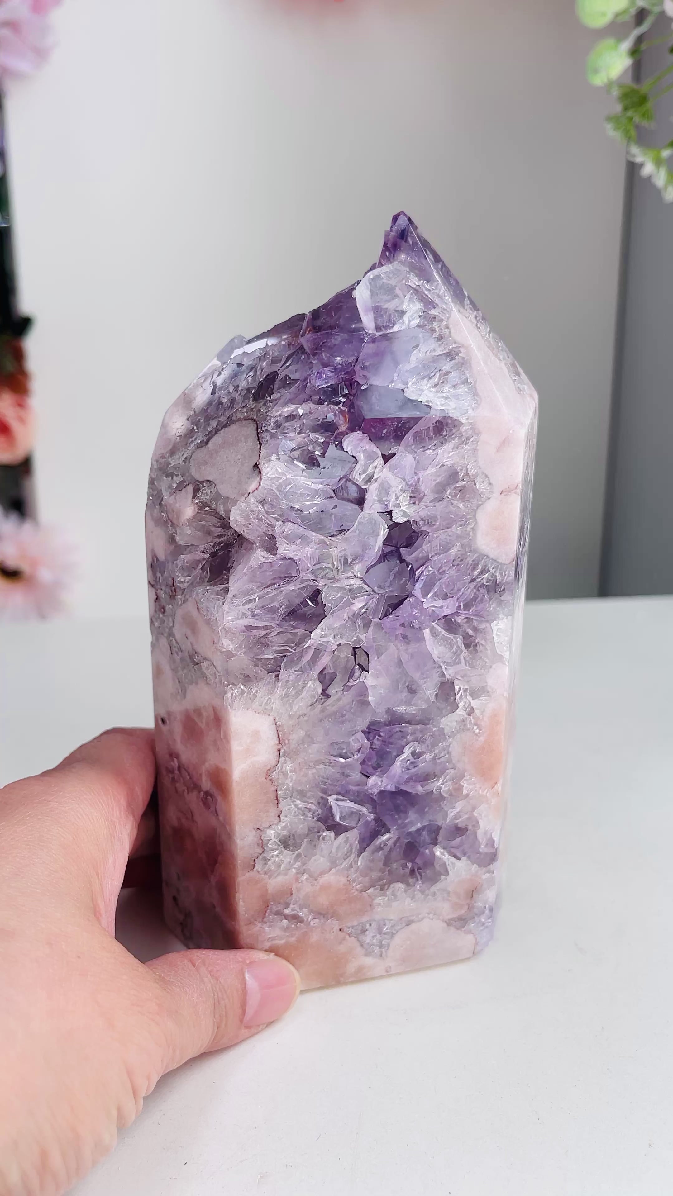 Pink Amethyst Tower with Purple Amethyst Druzy