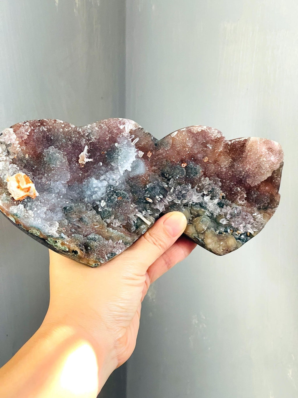 Rare Amethyst Flower Heart, 20cm Special Amethyst Flower Polished Crystal Heart, Unique Gift, Crystal Gift - Million Years Crystal