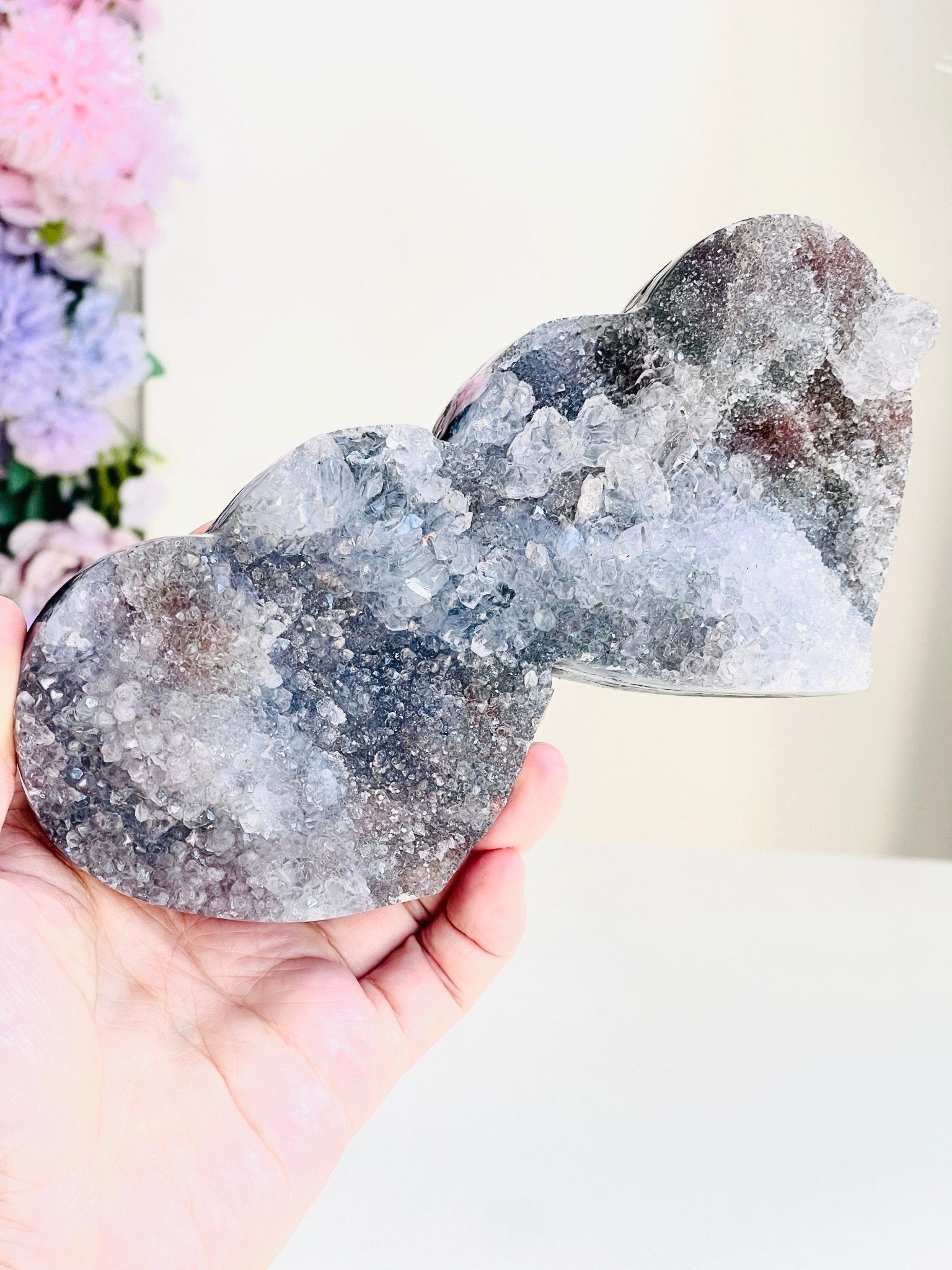 Rare Amethyst Flower Heart, Special Amethyst Flower Polished Crystal Double Heart, Unique Gift, Crystal Gift - Million Years Crystal